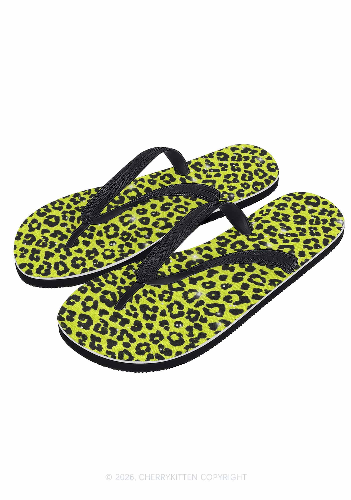 Lime Yellow Leopard Y2K Print Flip Flops Cherrykitten