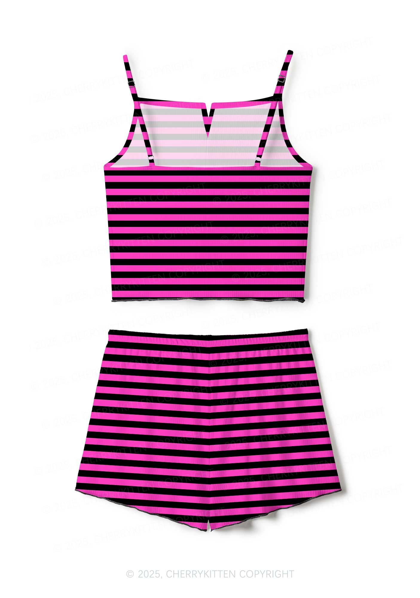 Pink And Black Stripe Valentine's Day Y2K Print Cami Shorts Pajama Set Cherrykitten