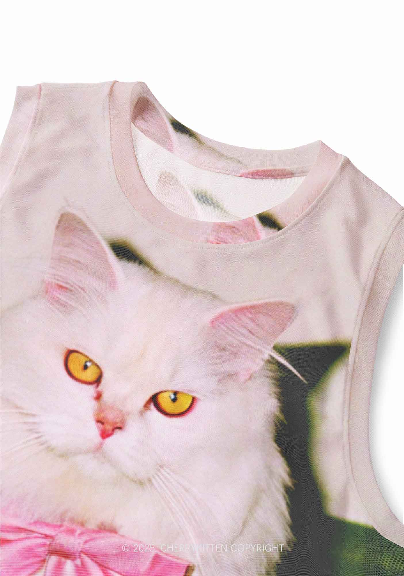 Pink Bow Cat Y2K Mesh Muscle Tank Cherrykitten