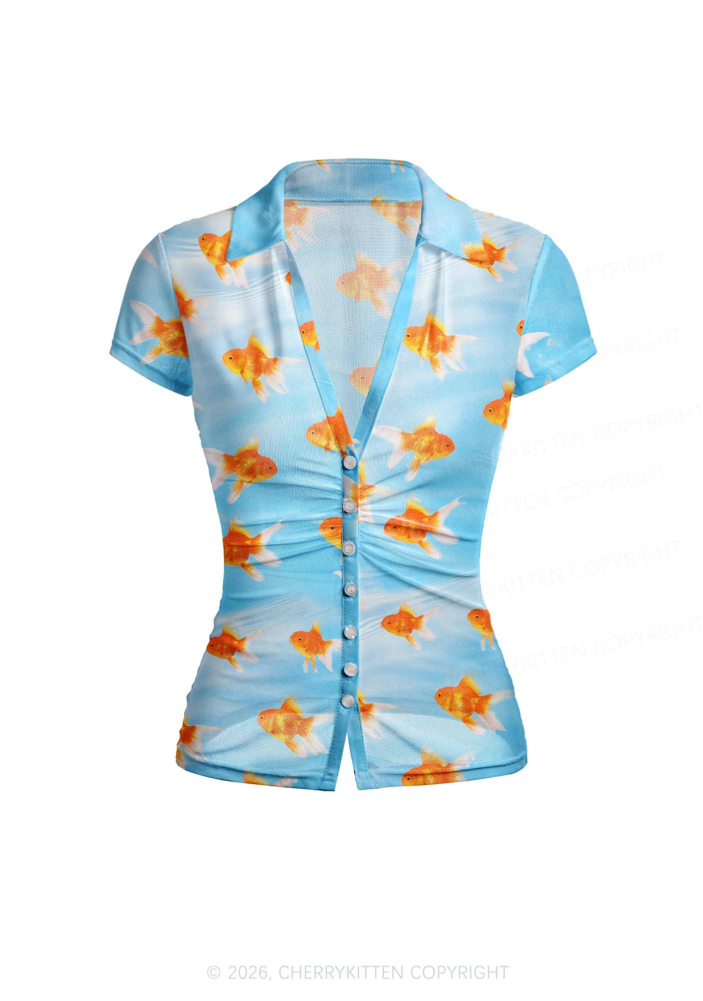 Goldfish Y2K Mesh Ruched Waist V Neck Top Cherrykitten