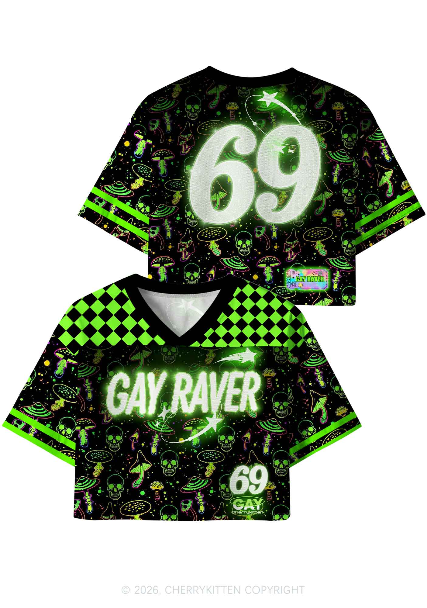 Neon Mushroom Skull Gay Raver Y2K Crop Sport Jersey Shirts Cherrykitten