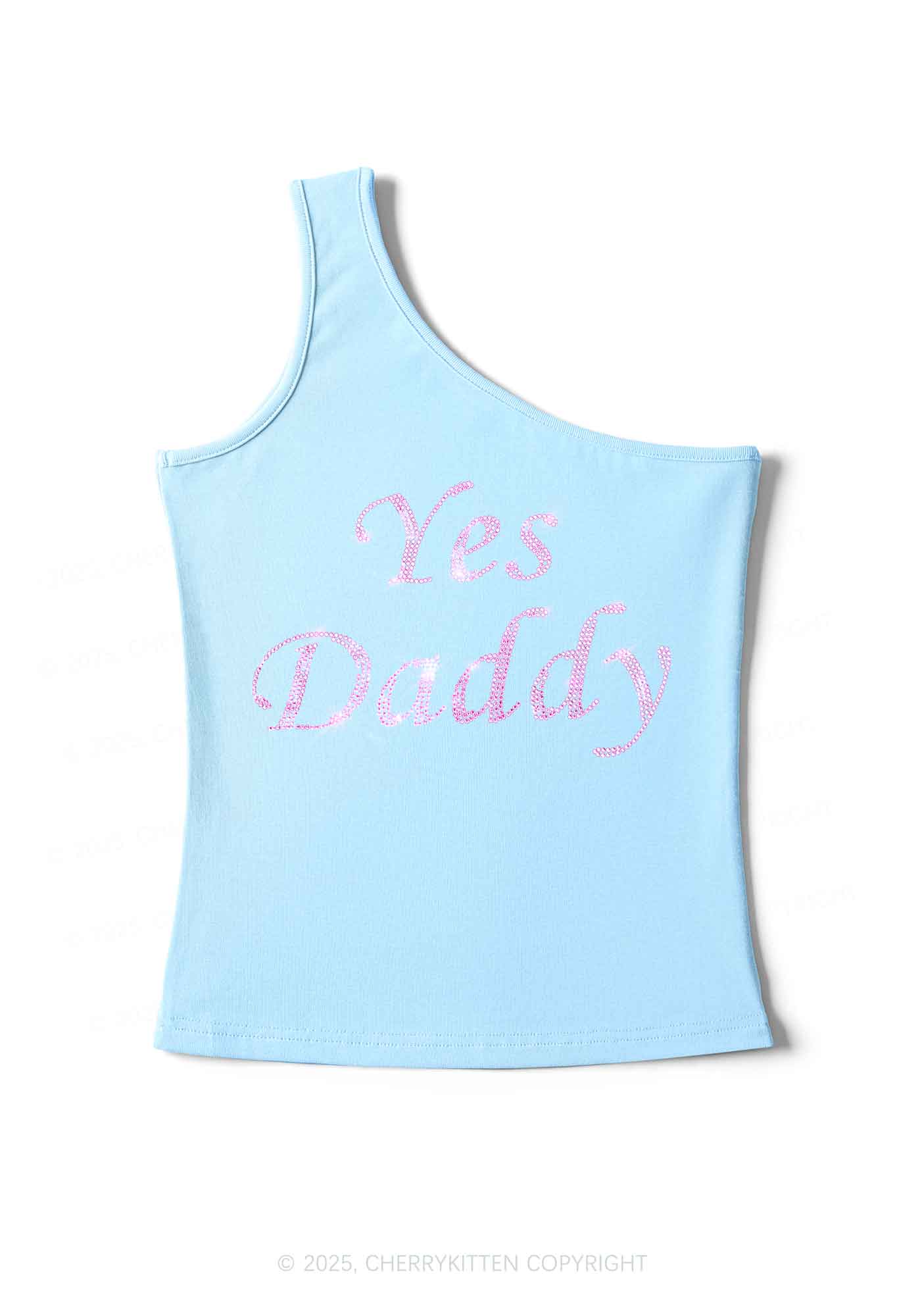 Rhinestone Yes Daddy Y2K One Shoulder Tank Top Cherrykitten