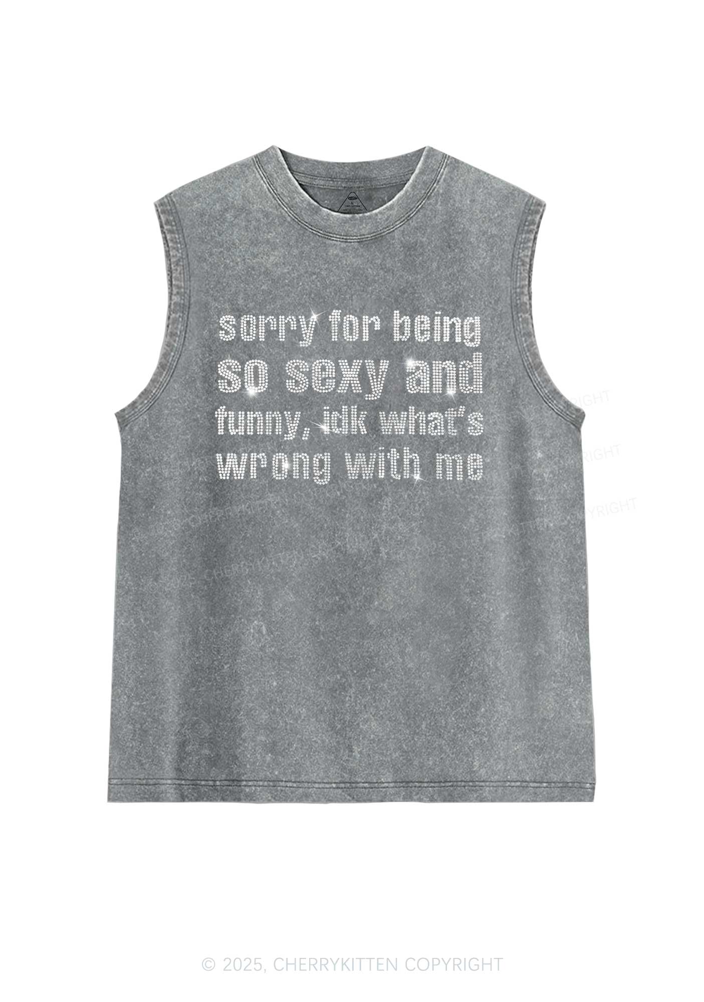 Rhinestone Sorry For Being So Funny Y2K Washed Muscle Tank Cherrykitten