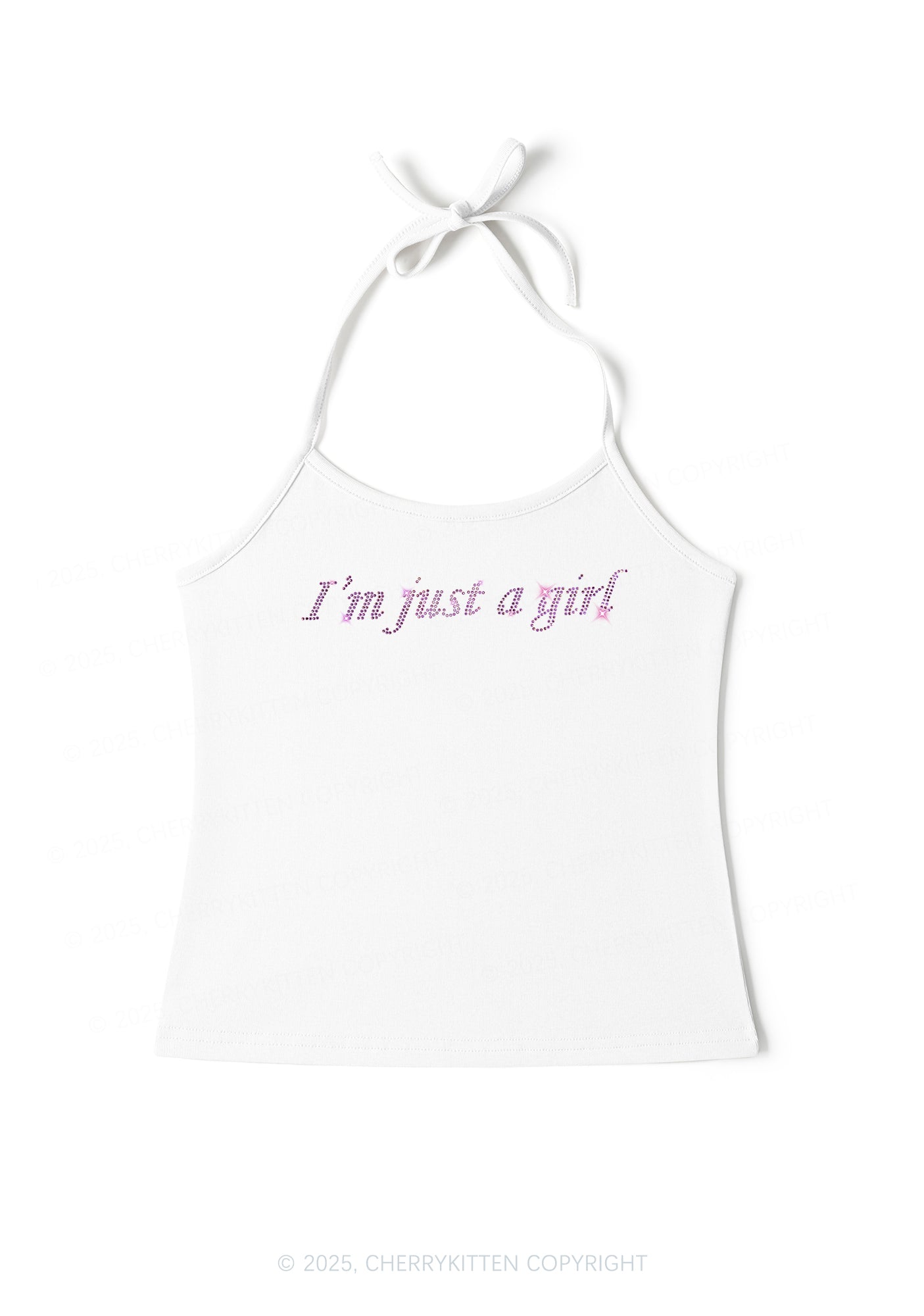 Rhinestone Just A Girl Y2K Halter Neck Cami Cherrykitten