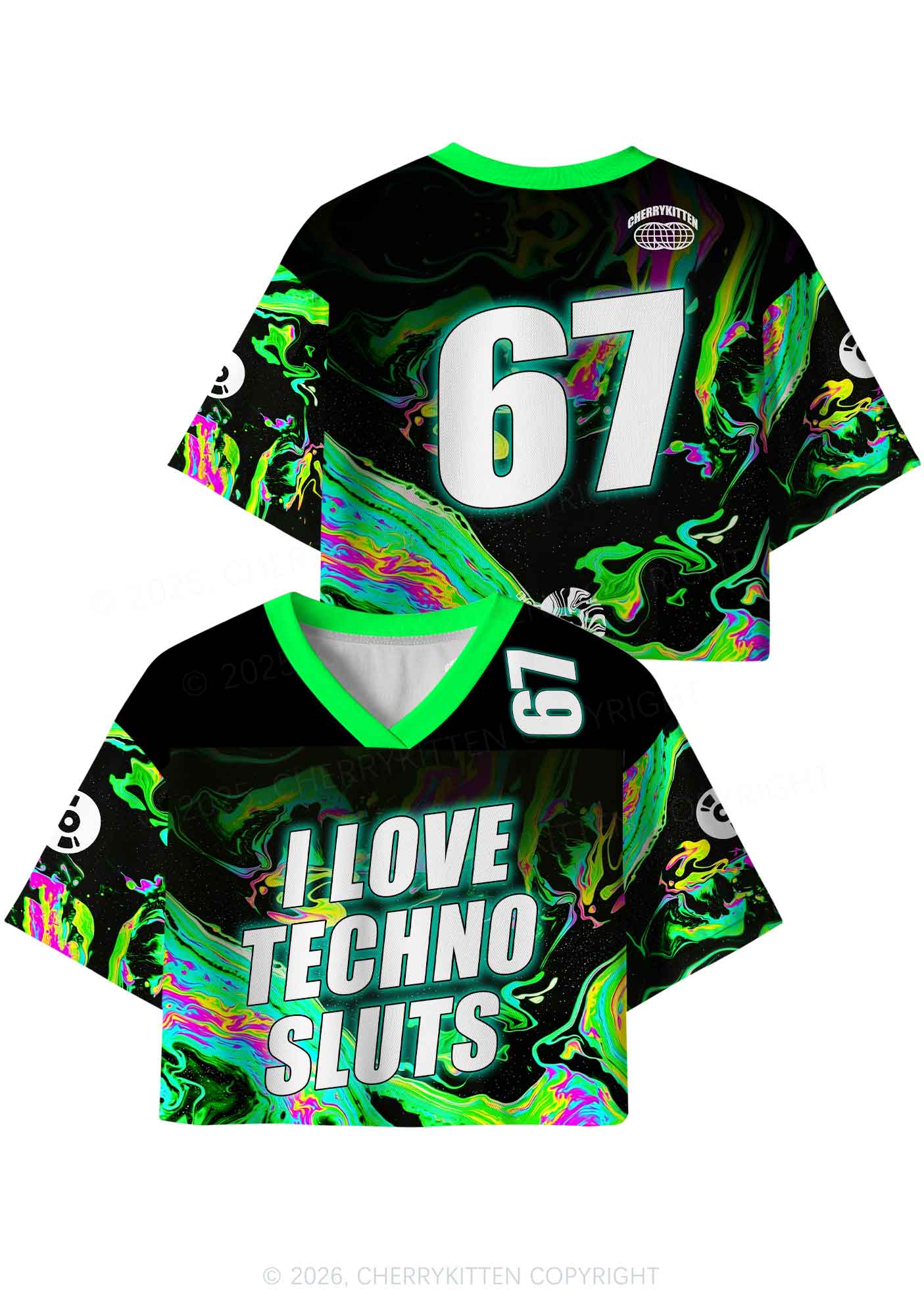 Green Liquid Swirl I Love Techno Slxts Y2K Crop Sport Jersey Shirts Cherrykitten