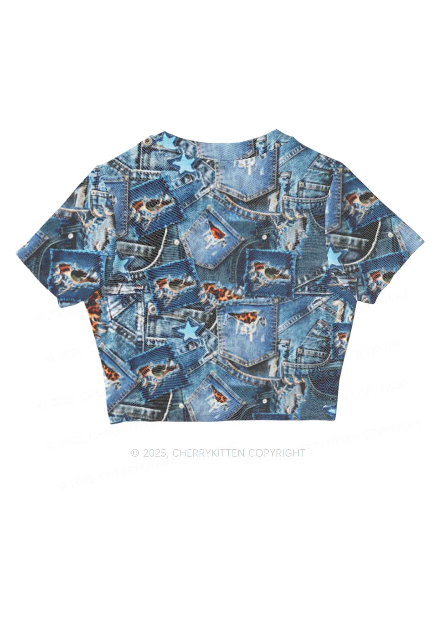 Denim Patchwork Y2K Mesh Crop Top Cherrykitten