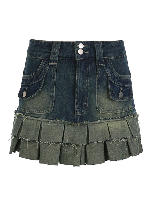 Denim High Waist Gradient Double Layer Pleated Skirt