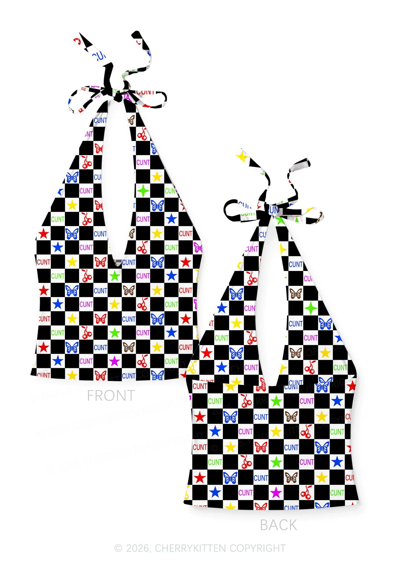 Black White Checkered Cxxt Y2K Print Halter Deep V Neck Cami Cherrykitten