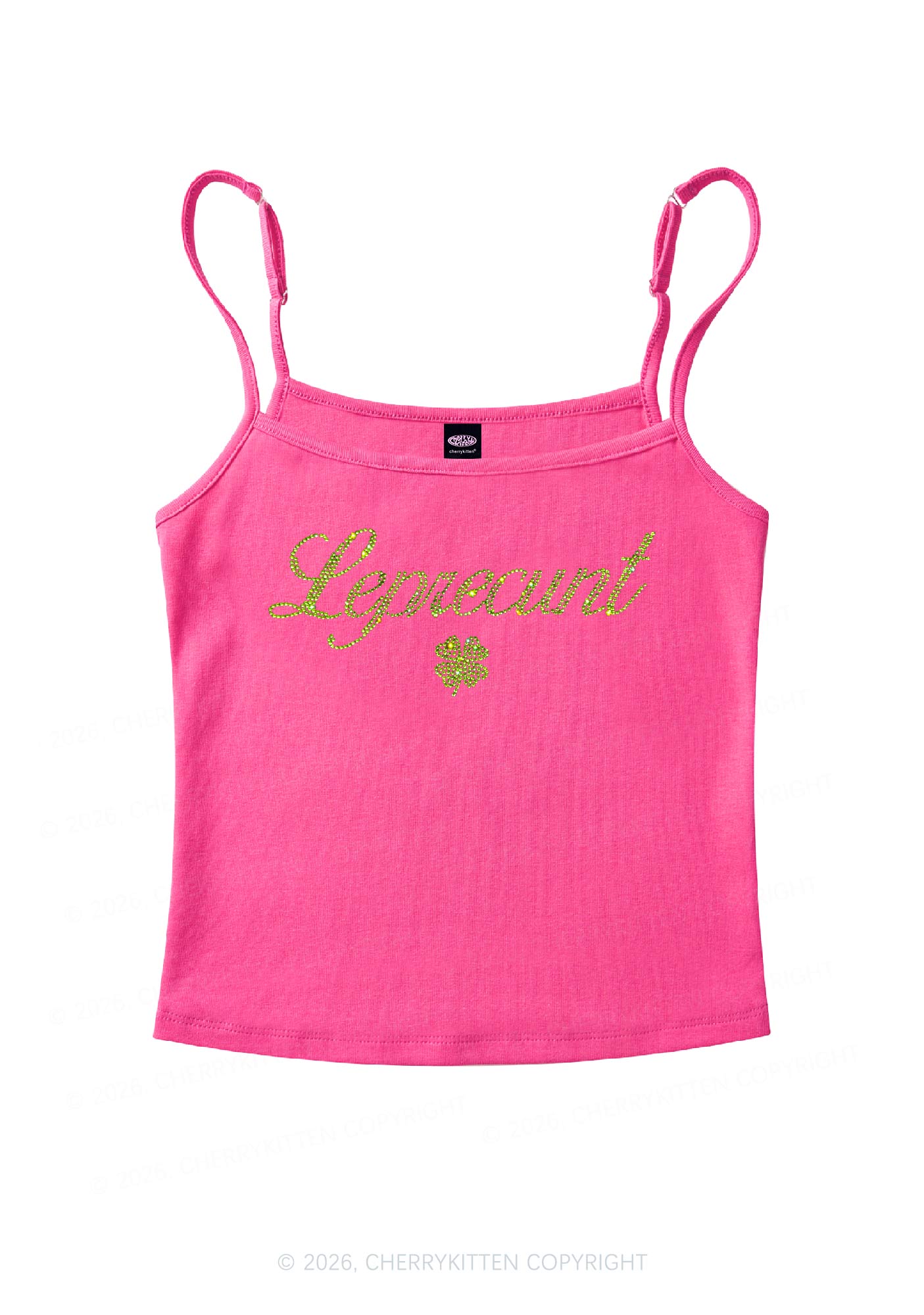 Rhinestone Leprecunt St Patricks Y2K Spaghetti Strap Cami Cherrykitten