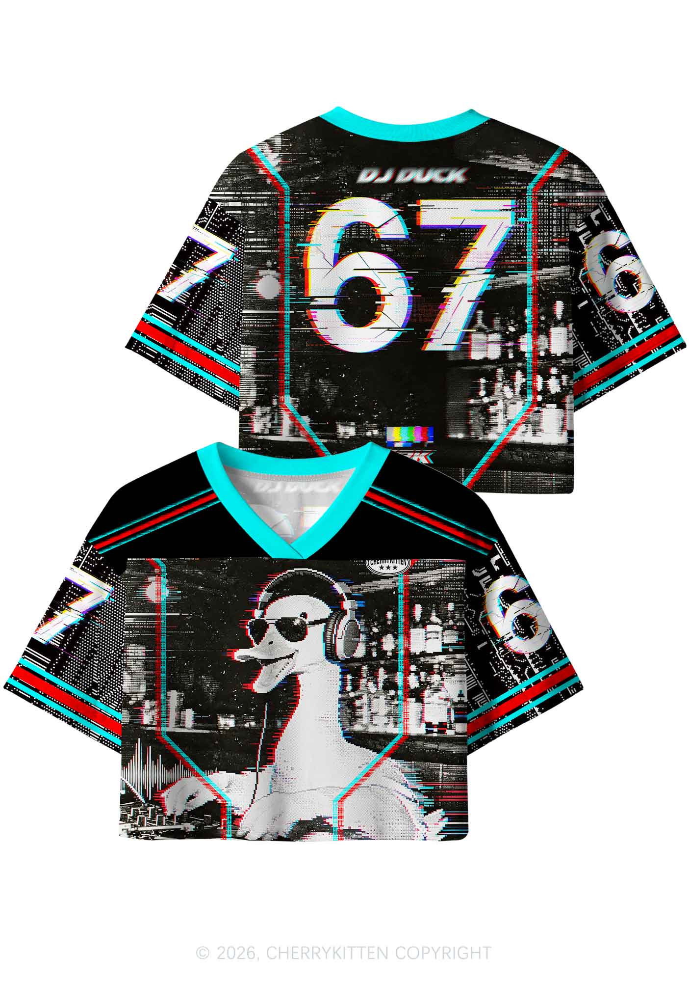 Retro Glitch DJ Duck Y2K Crop Sport Jersey Shirts Cherrykitten