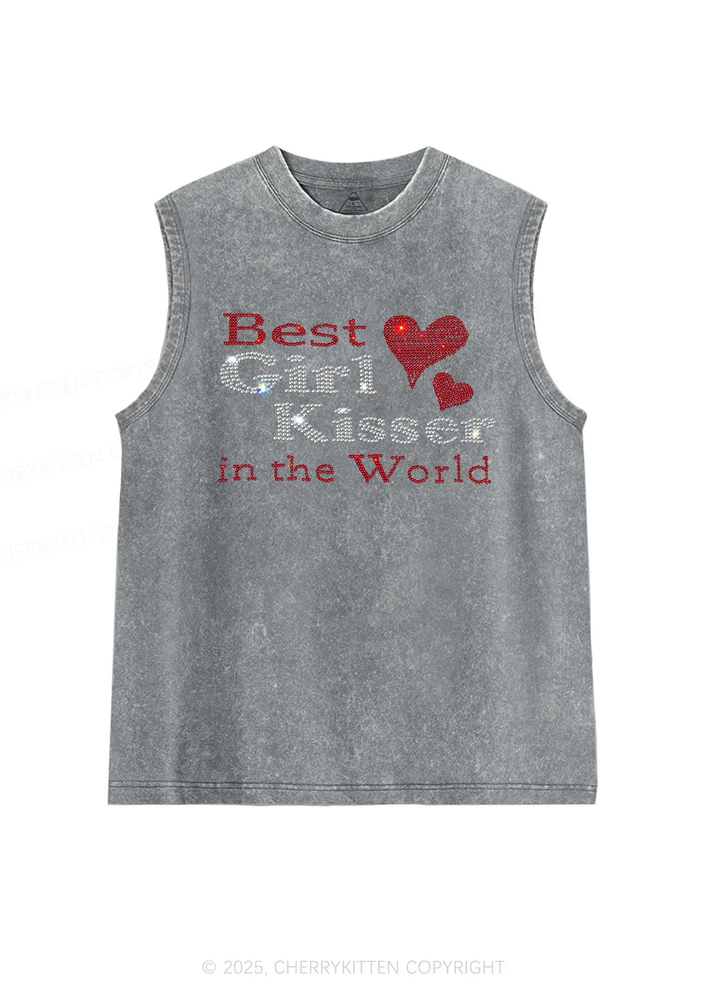 Rhinestone Best Girl Kisser Pride Y2K Washed Muscle Tank Cherrykitten