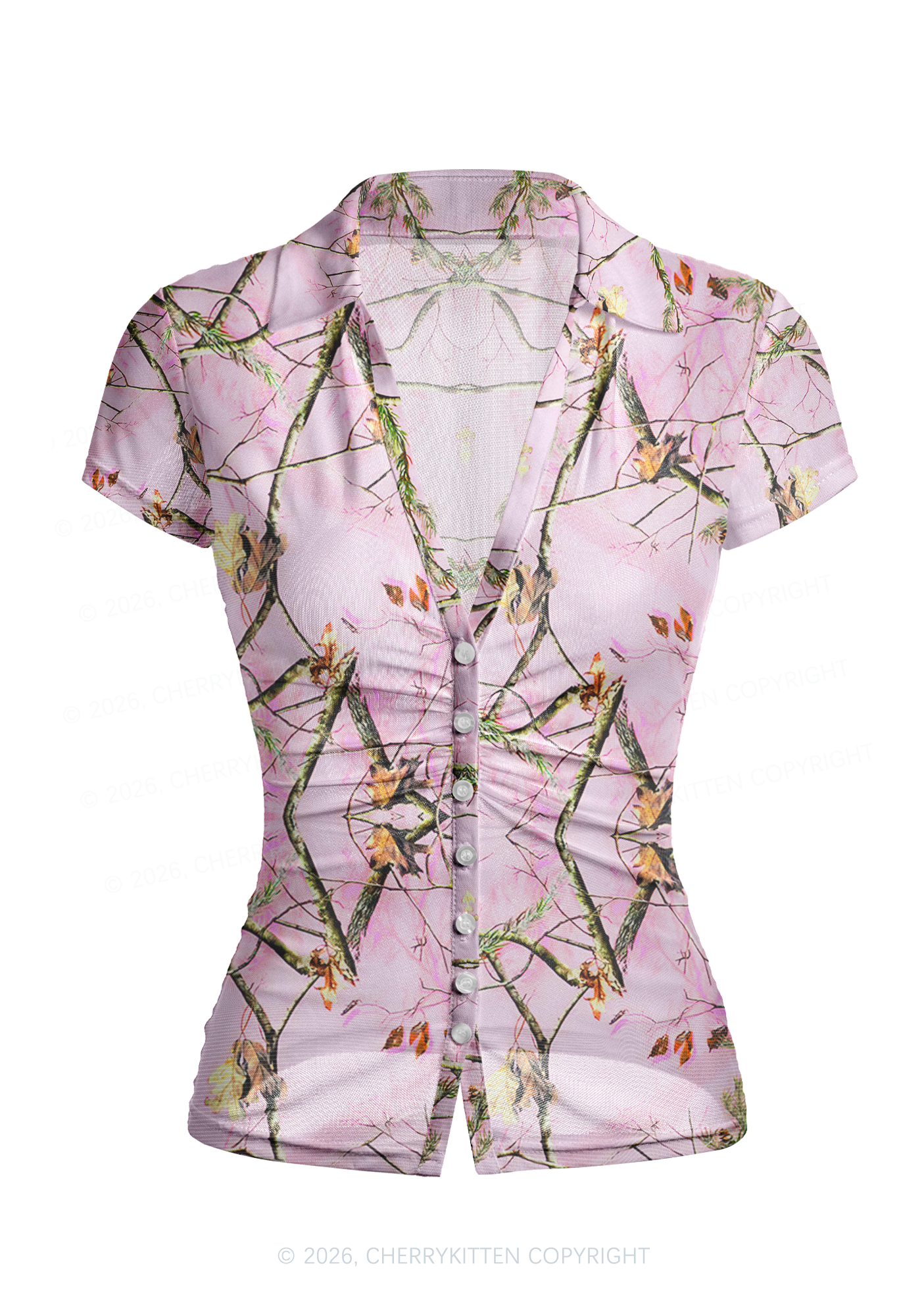 Pink Forest Camo Y2K Mesh Ruched Waist V Neck Top Cherrykitten