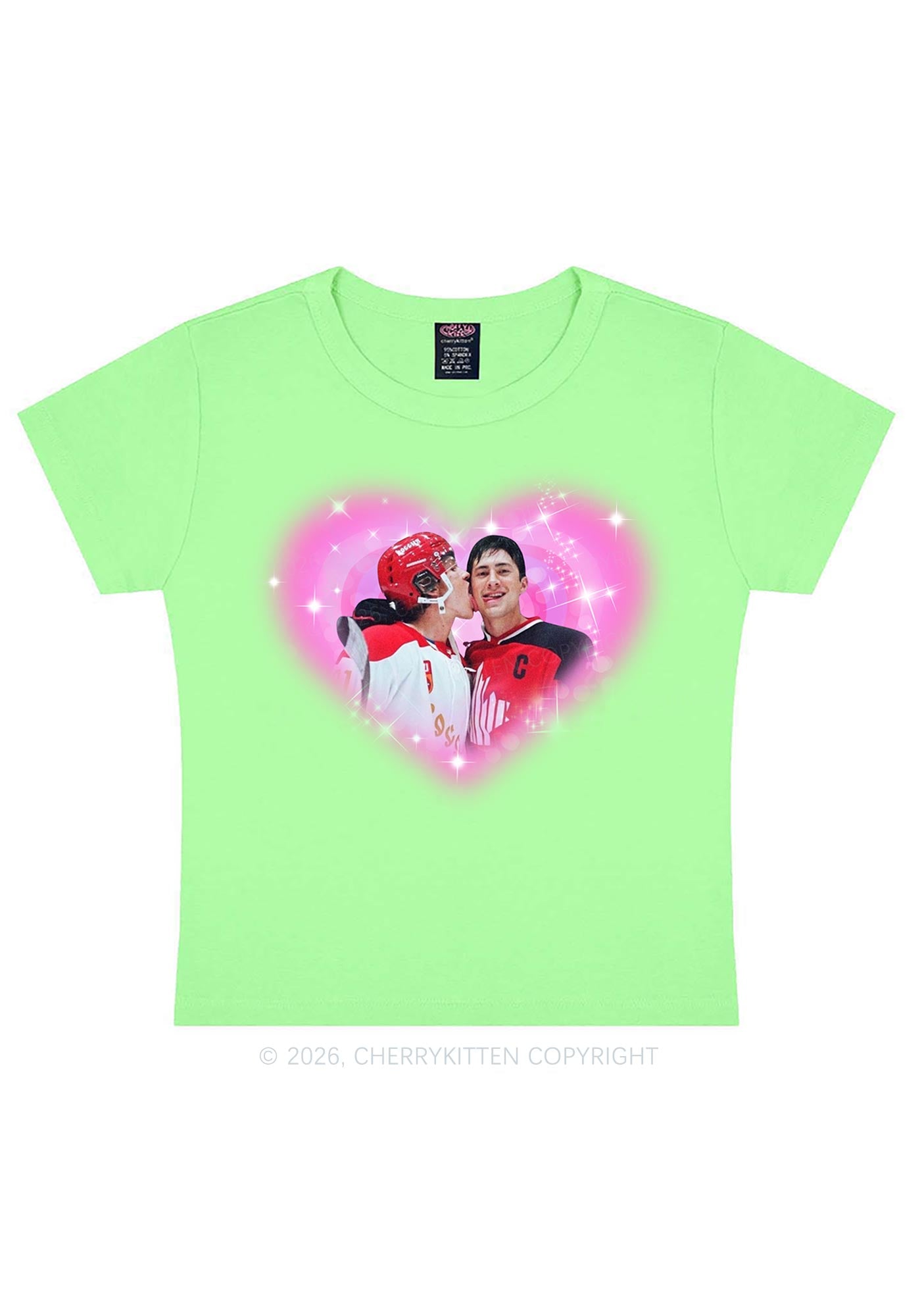 Sparkle Pink Heart Kissing Y2K Baby Tee Cherrykitten