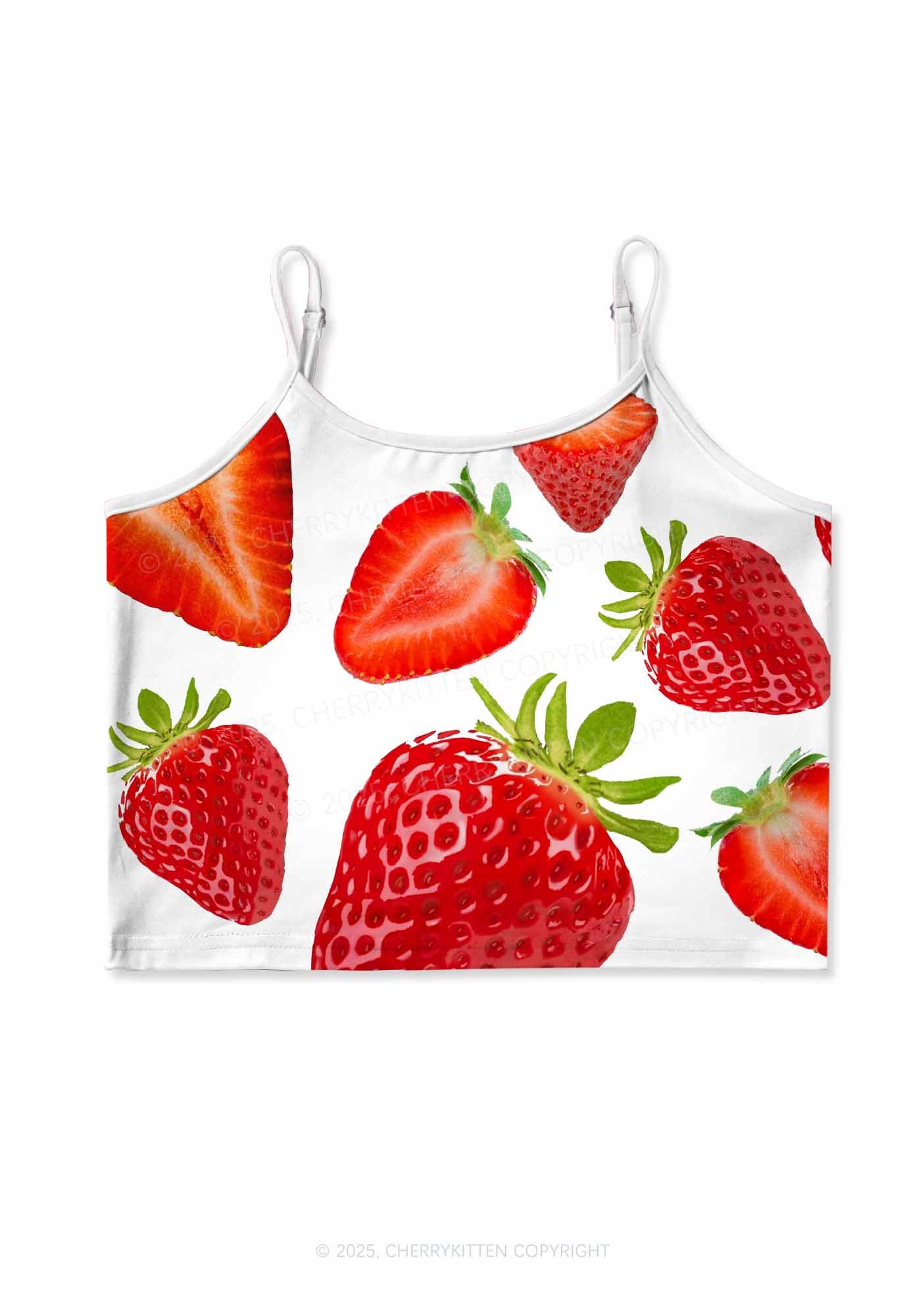 White Strawberry Y2K Print Cami Crop Top Cherrykitten