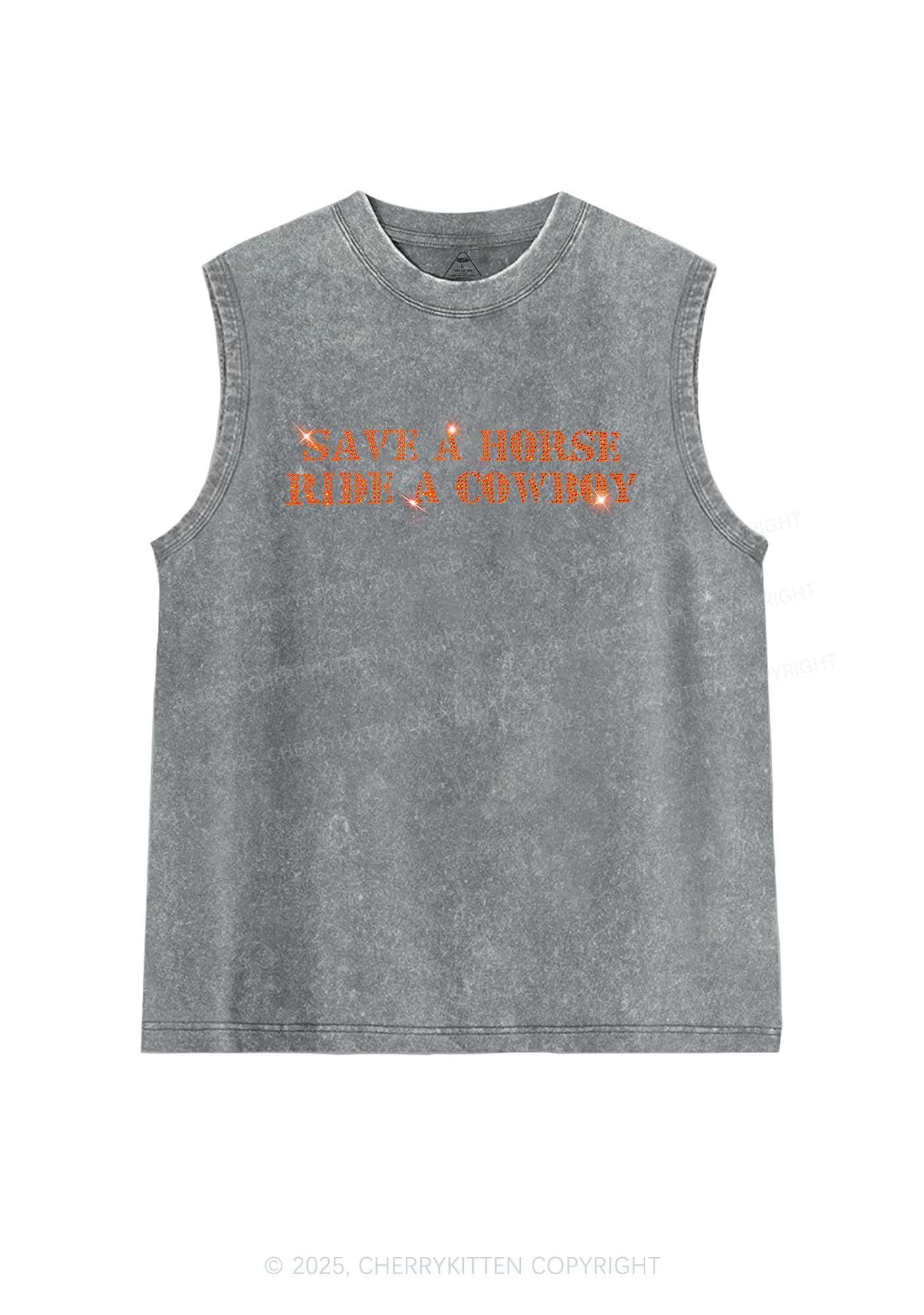 Rhinestone Save A Horse Ride A Cowboy Y2K Washed Muscle Tank Cherrykitten