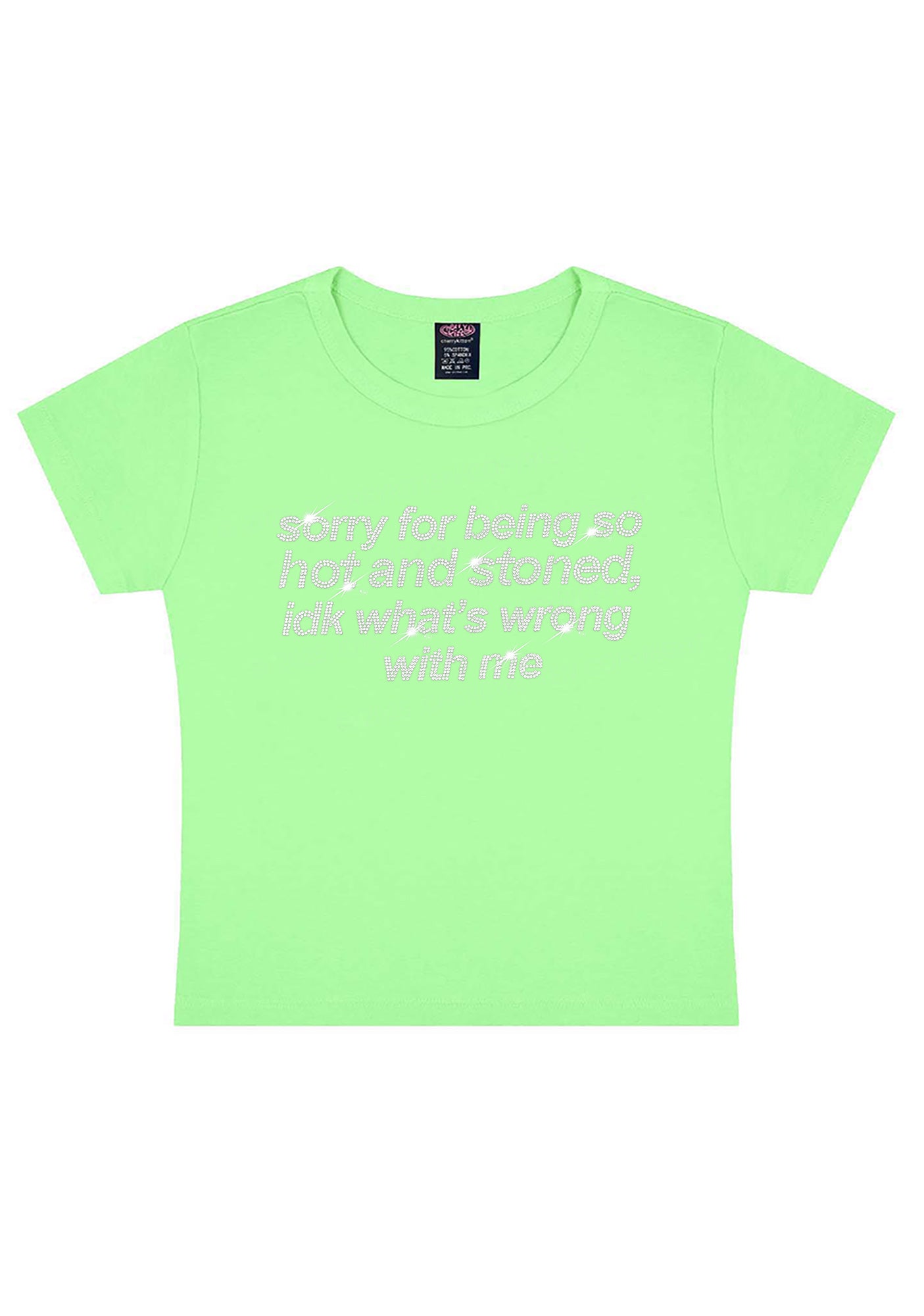 Rhinestone Sorry For Being Hot And Stoned Y2K Baby Tee Cherrykitten