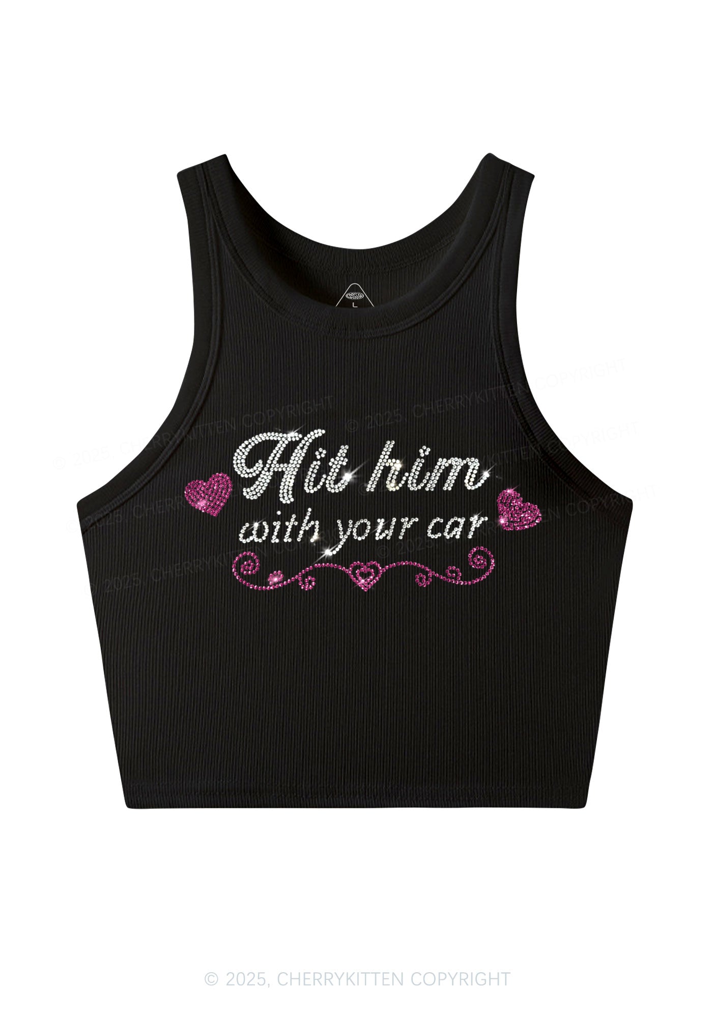 Rhinestone Hit Him Y2K Crop Tank Top Cherrykitten