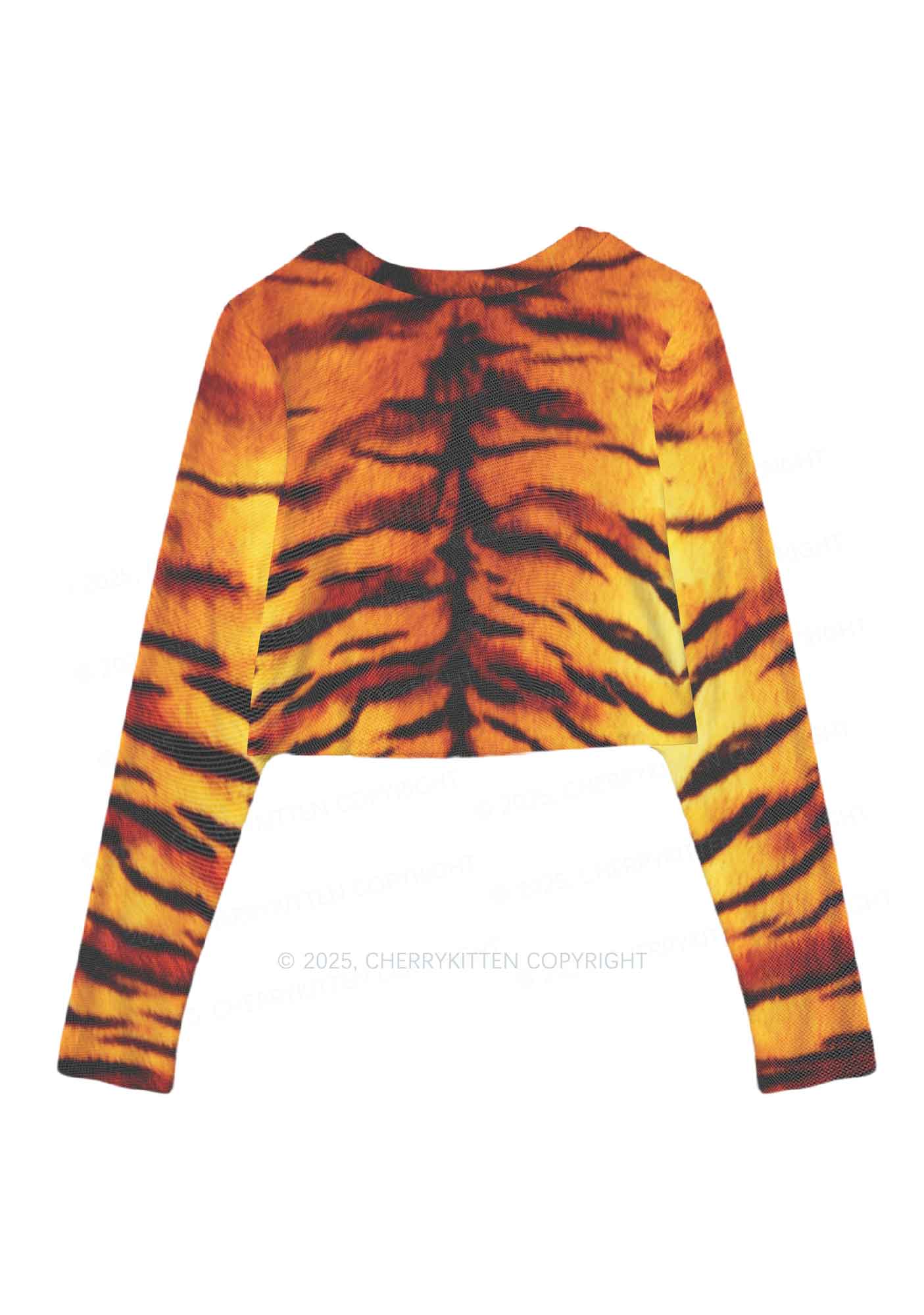 Wild Tiger Texture Y2K Mesh Long Sleeve Crop Top Cherrykitten