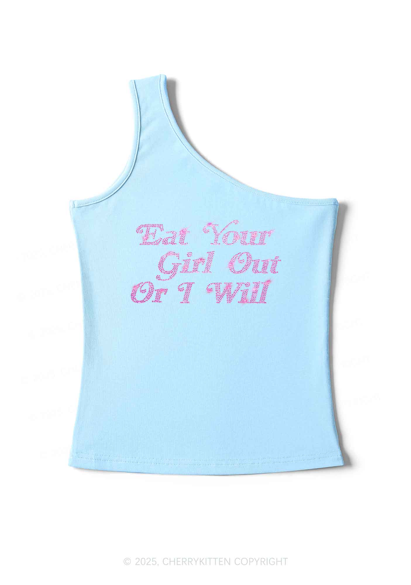Rhinestone Eat Your Girl Out Y2K One Shoulder Tank Top Cherrykitten