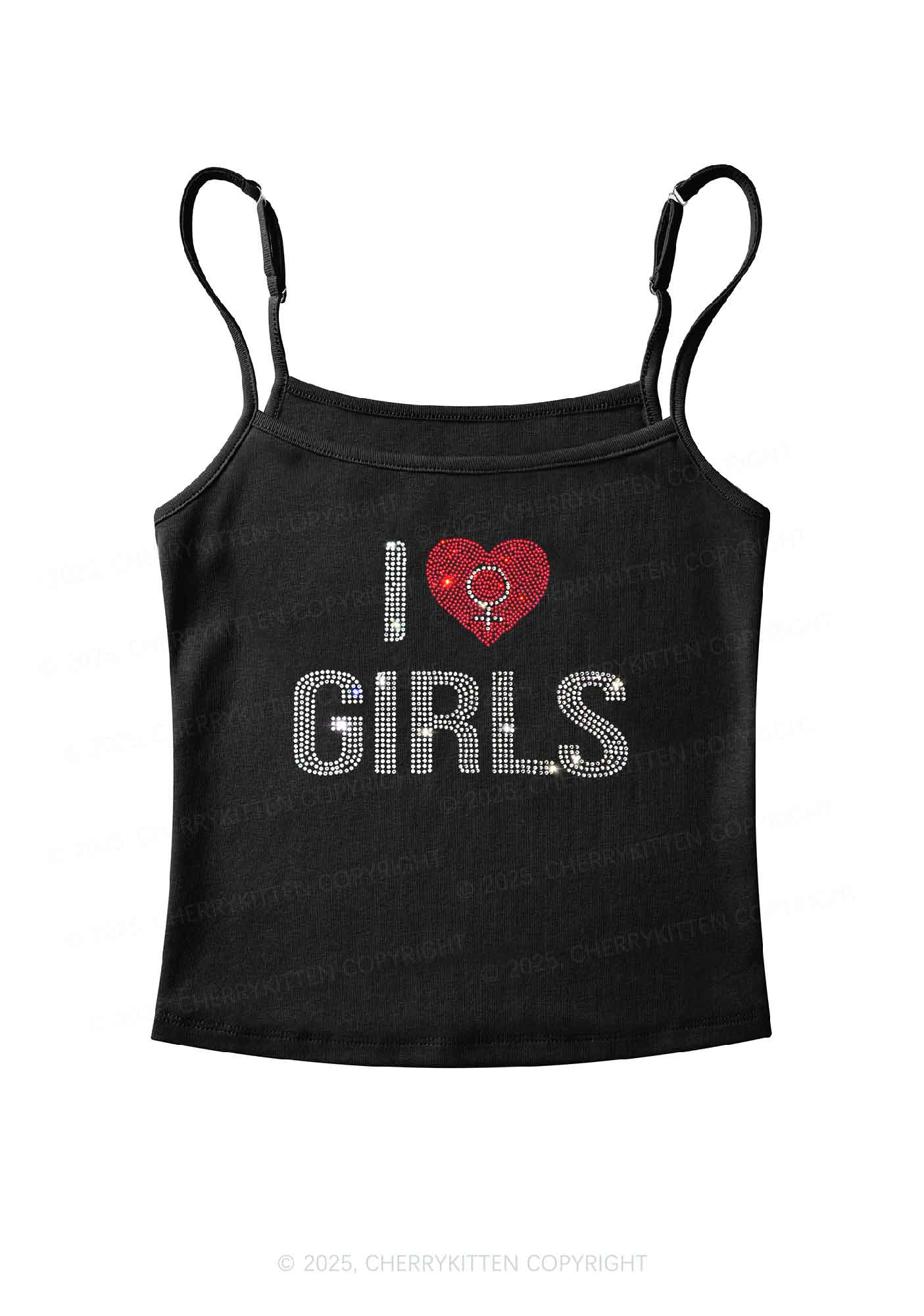 Rhinestone I Love Girls Pride Y2K Spaghetti Strap Cami Cherrykitten