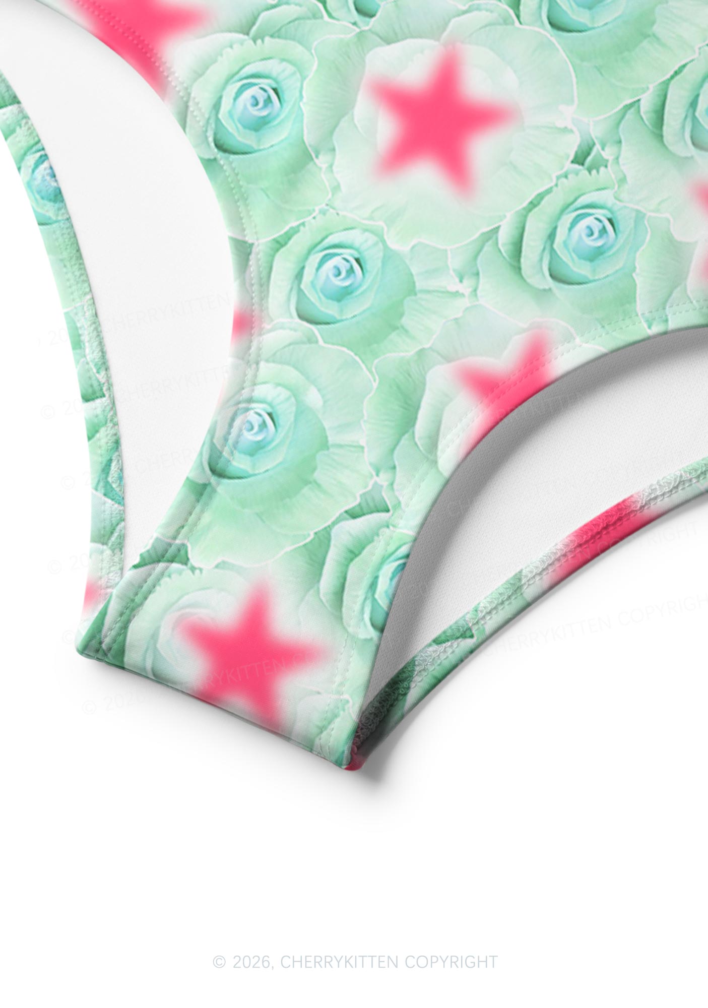 Mint Green Rose Pink Star Y2K Print Bikini Set Cherrykitten
