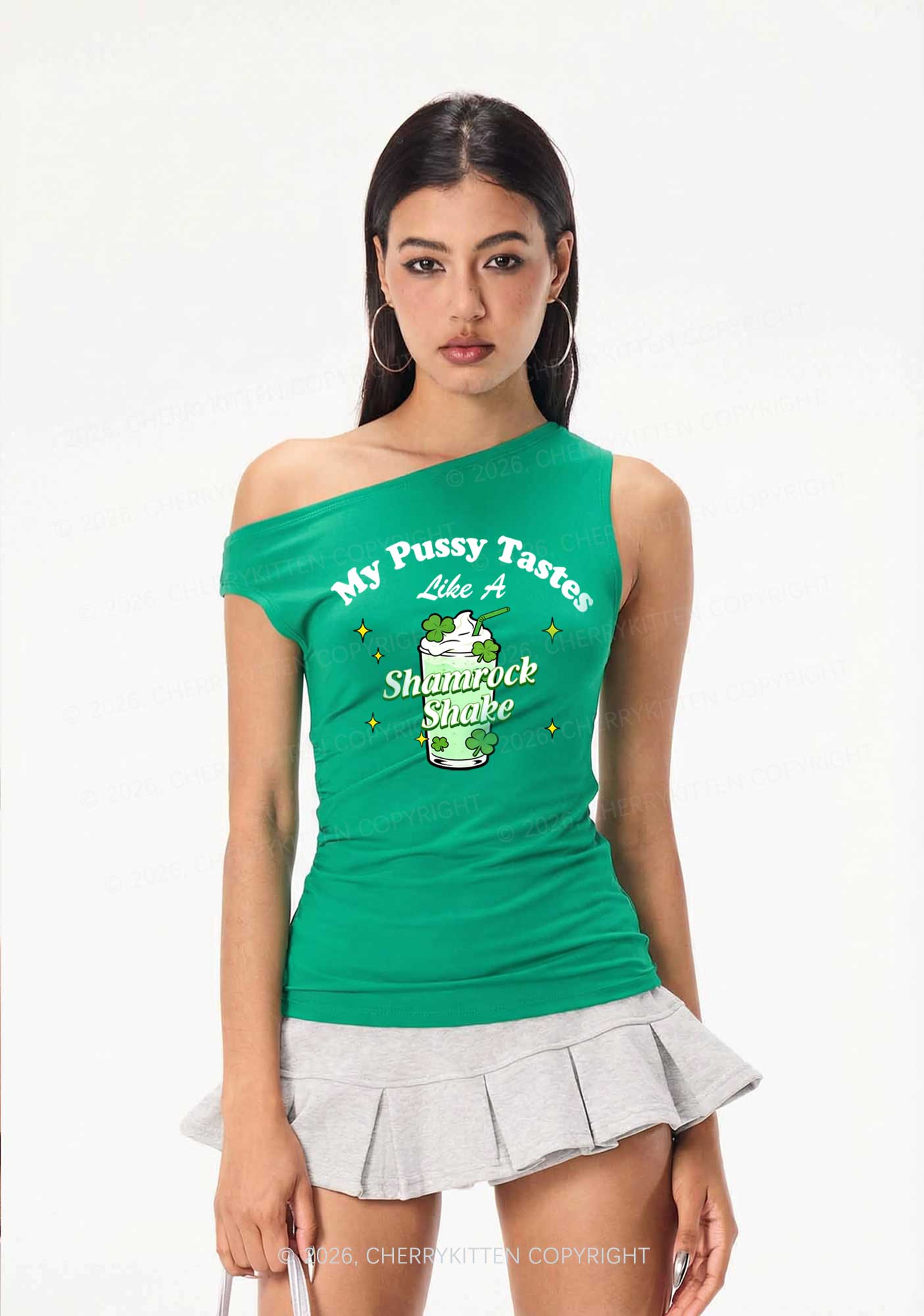 My Puxxy Tastes Like Shamrock Shake St Patricks Y2K Off Shoulder Tank Top Cherrykitten
