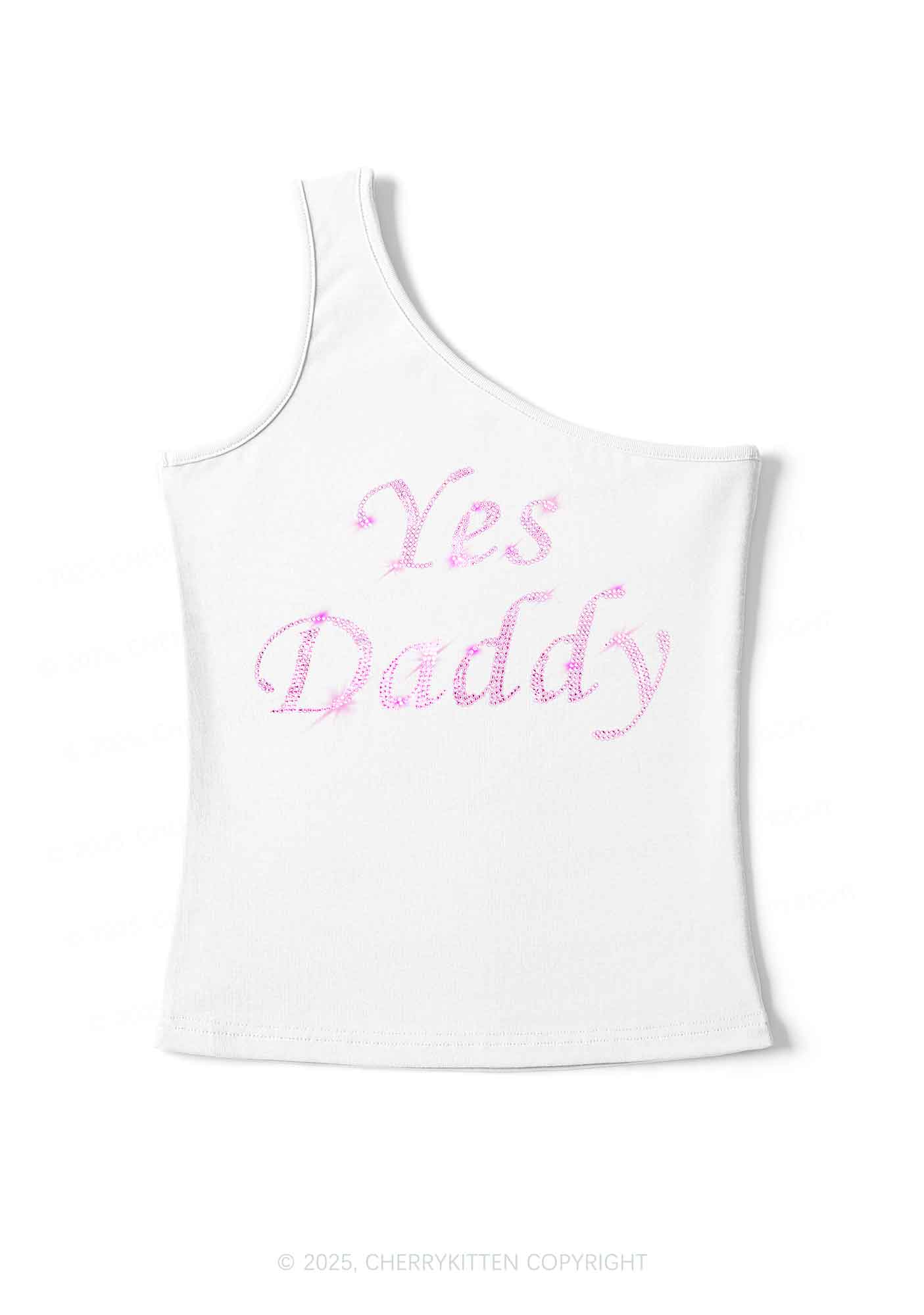 Rhinestone Yes Daddy Y2K One Shoulder Tank Top Cherrykitten