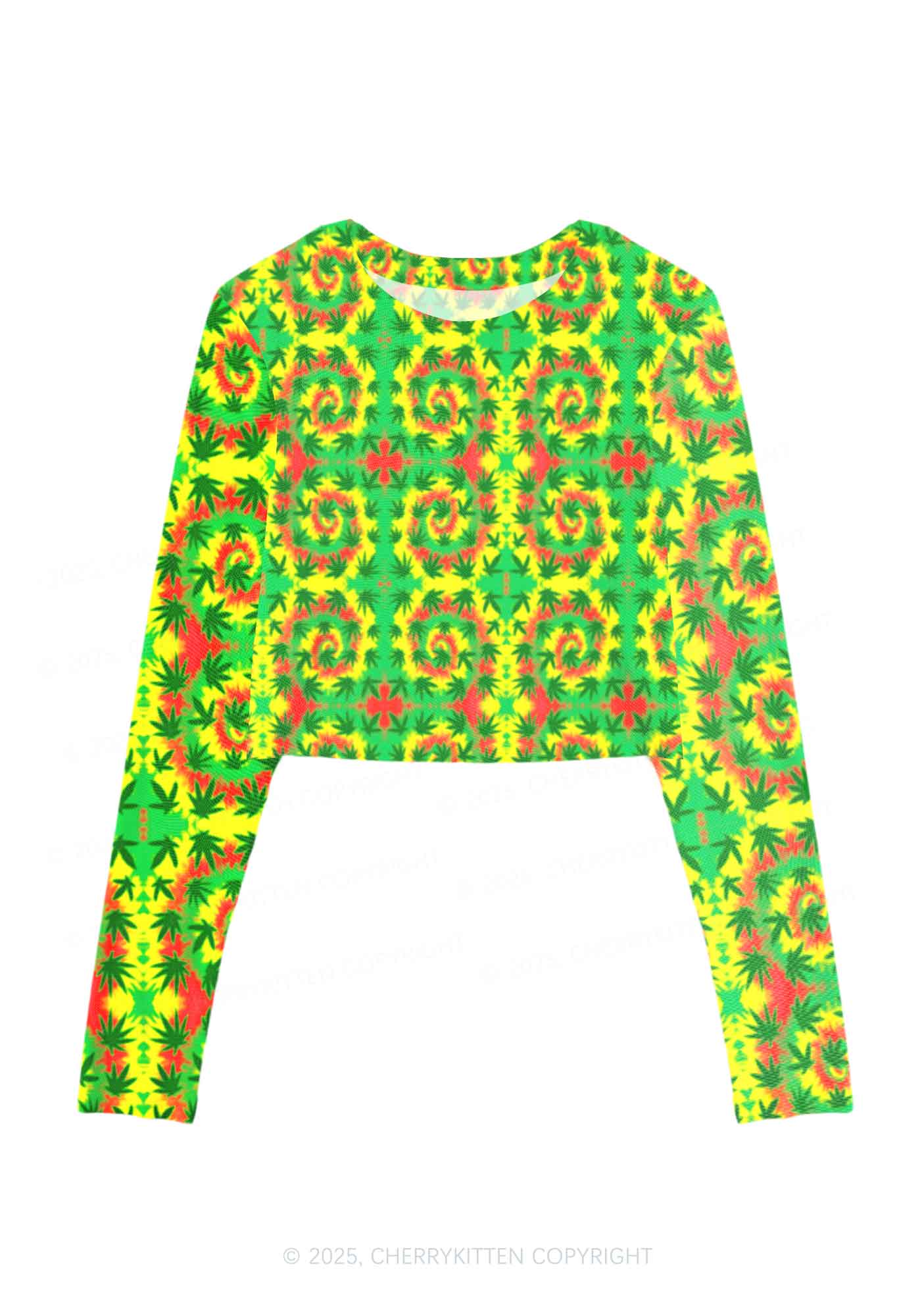 Trippy Leaves Y2K Mesh Long Sleeve Crop Top Cherrykitten