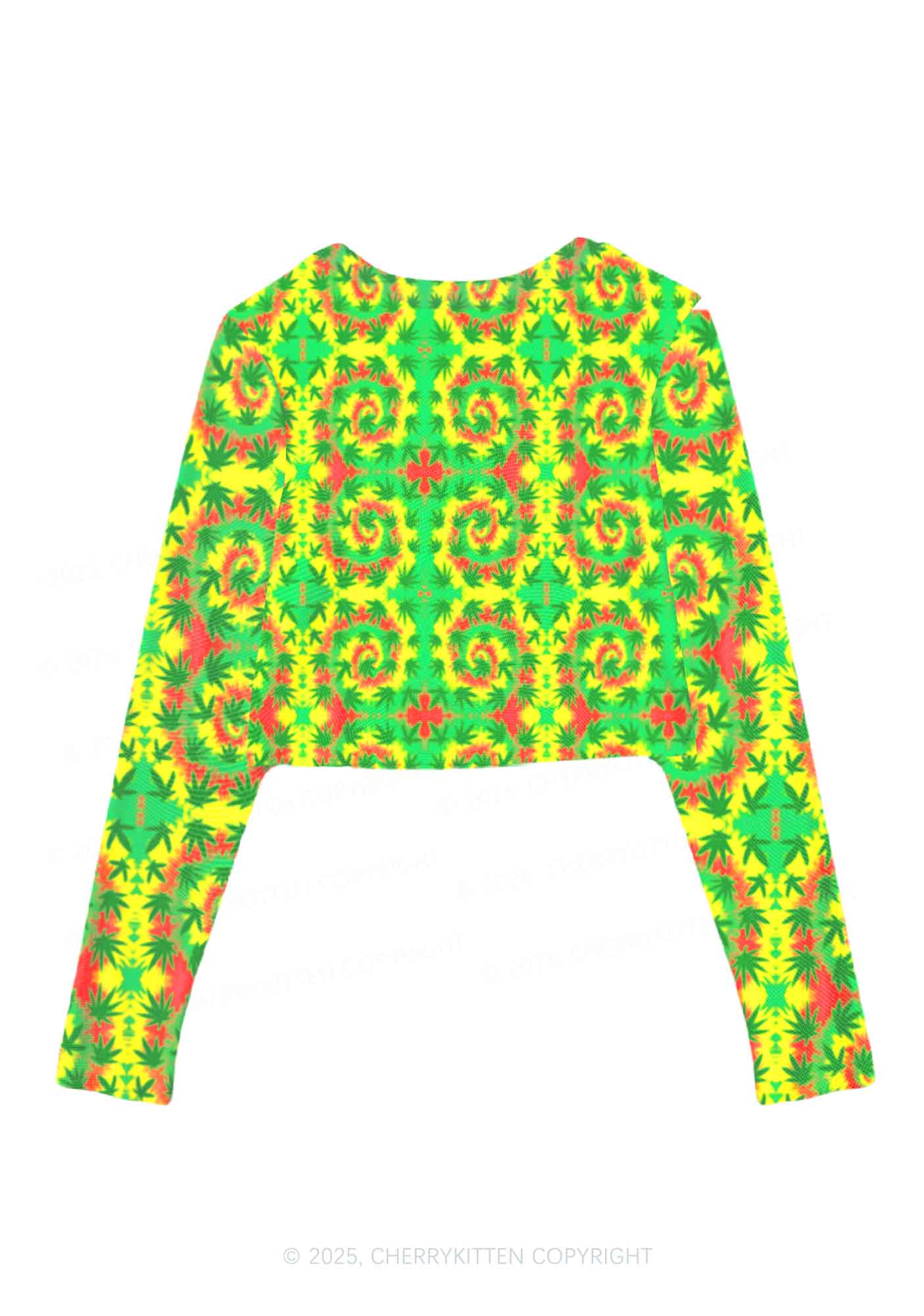 Trippy Leaves Y2K Mesh Long Sleeve Crop Top Cherrykitten