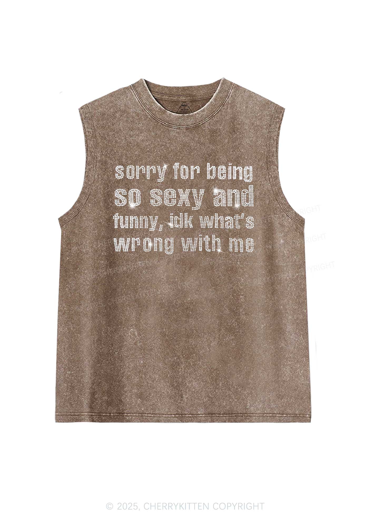 Rhinestone Sorry For Being So Funny Y2K Washed Muscle Tank Cherrykitten