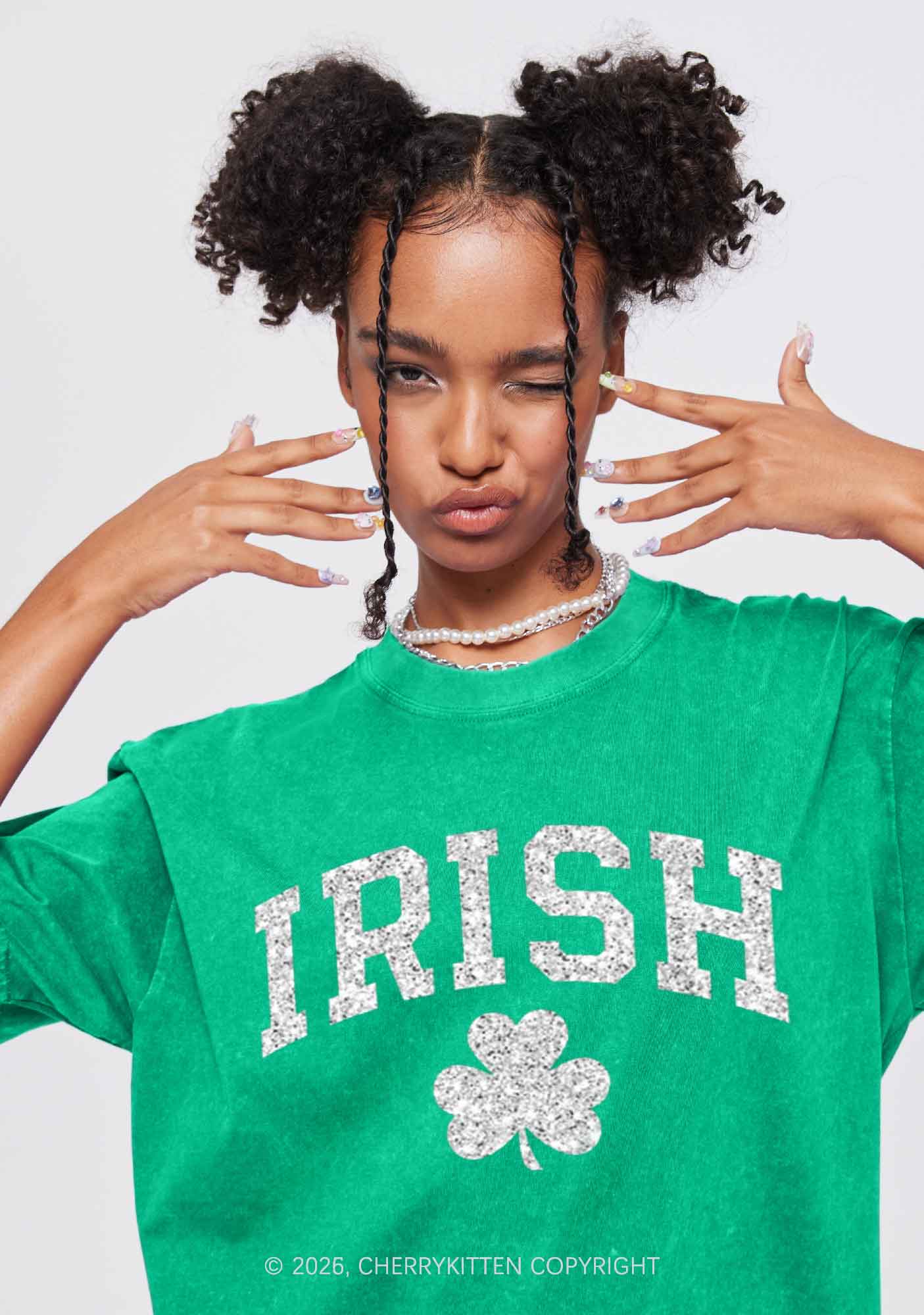 Glitter Irish Shamrock St Patricks Y2K Shirts Washed Tee Cherrykitten