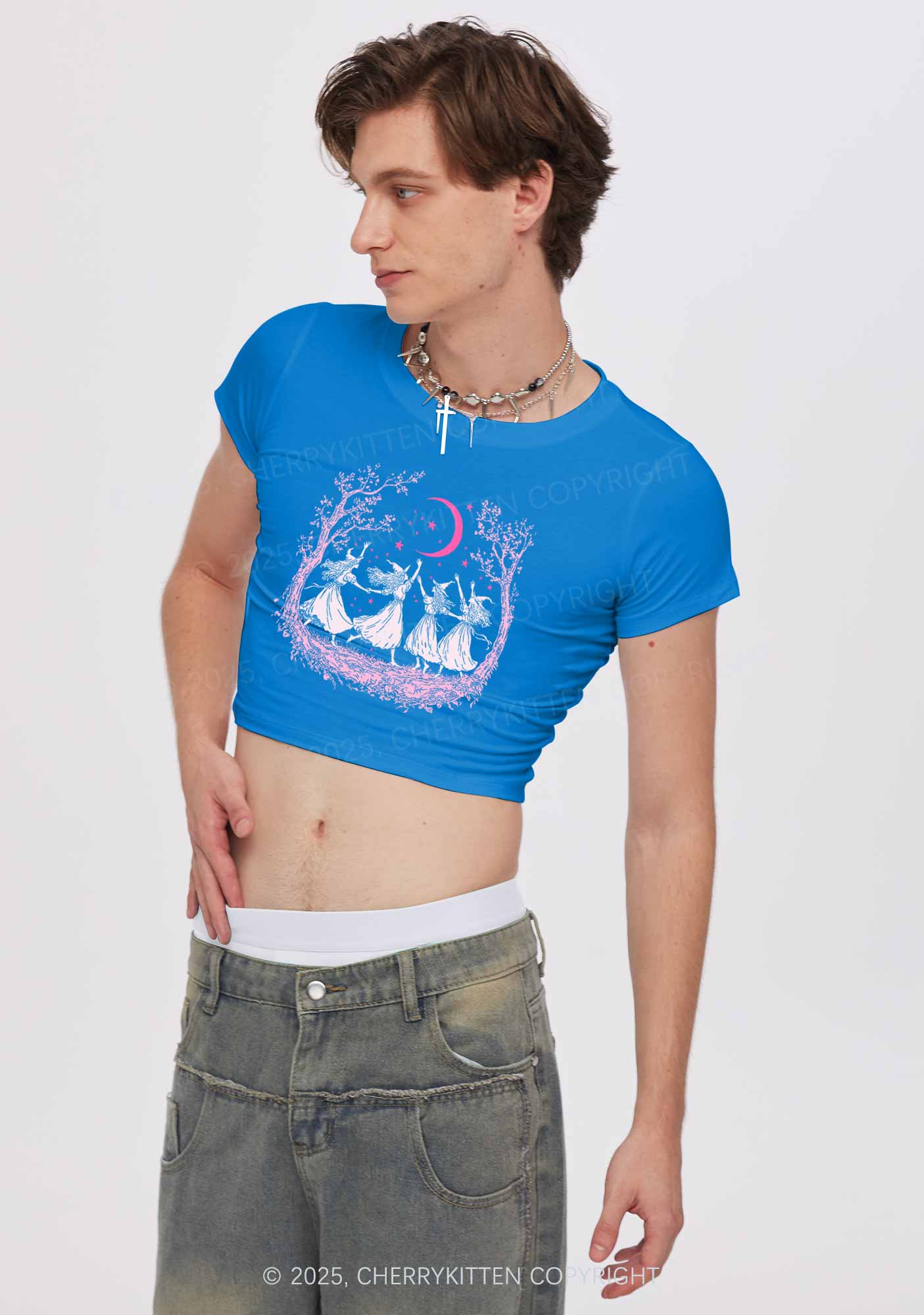 Halloween Witches Dancing Under Moon Y2K Baby Tee Cherrykitten