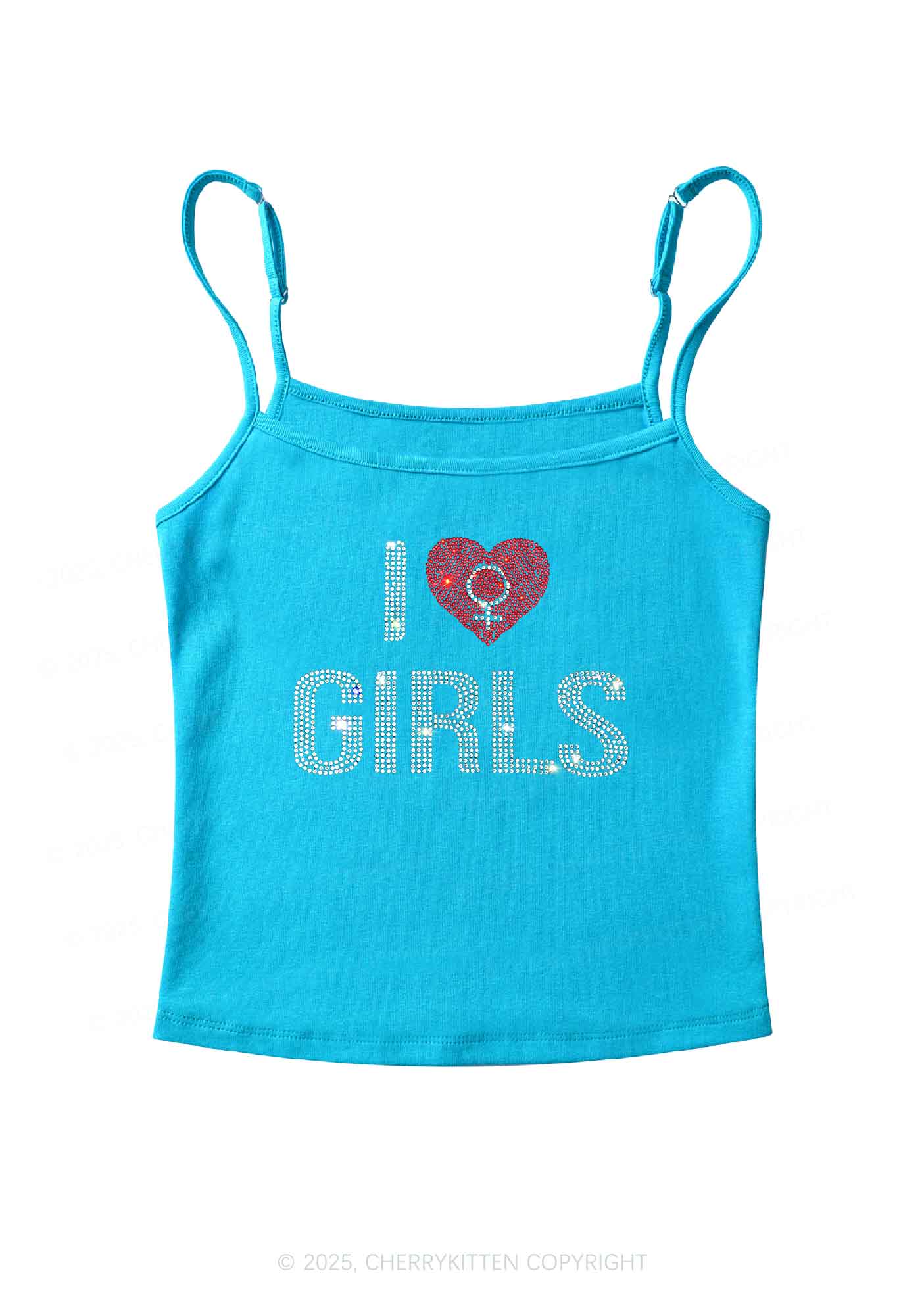 Rhinestone I Love Girls Pride Y2K Spaghetti Strap Cami Cherrykitten
