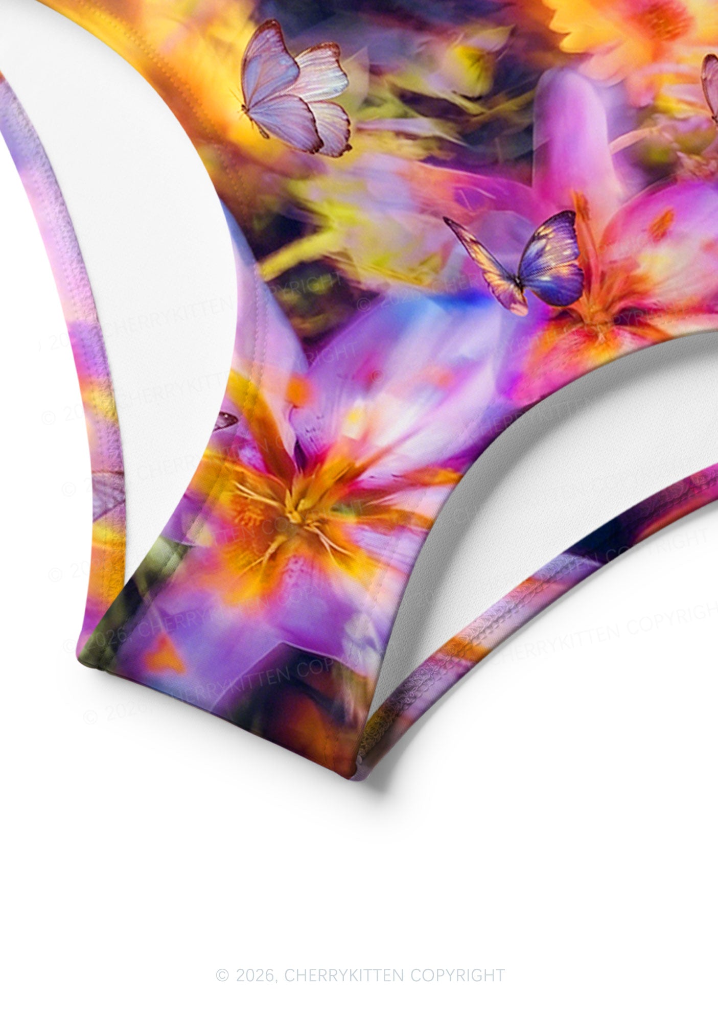 Purple Floral Butterfly Y2K Print Bikini Set Cherrykitten