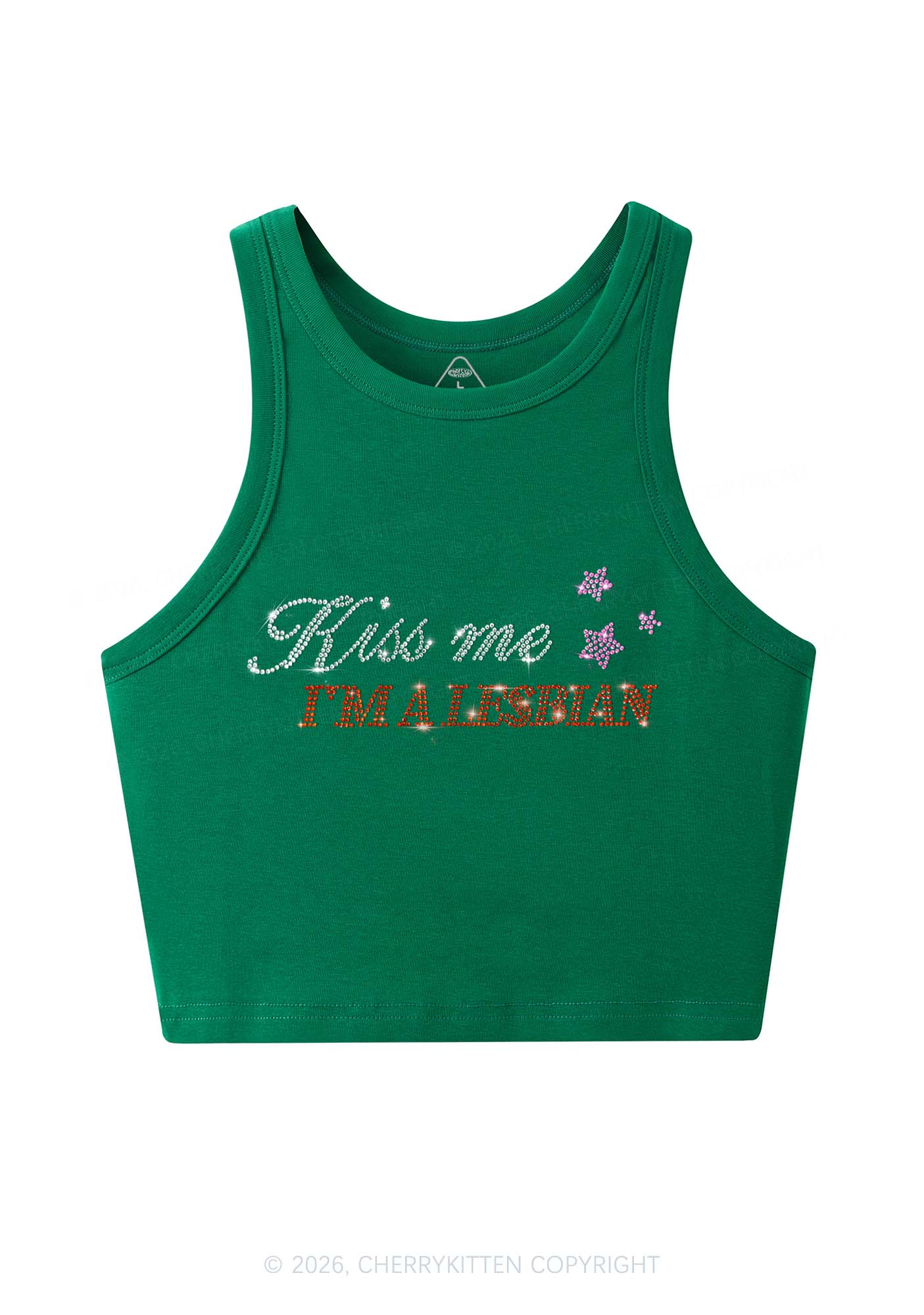 Rhinestone Kiss Me Im A Lesbian Pride Y2K Crop Tank Top Cherrykitten