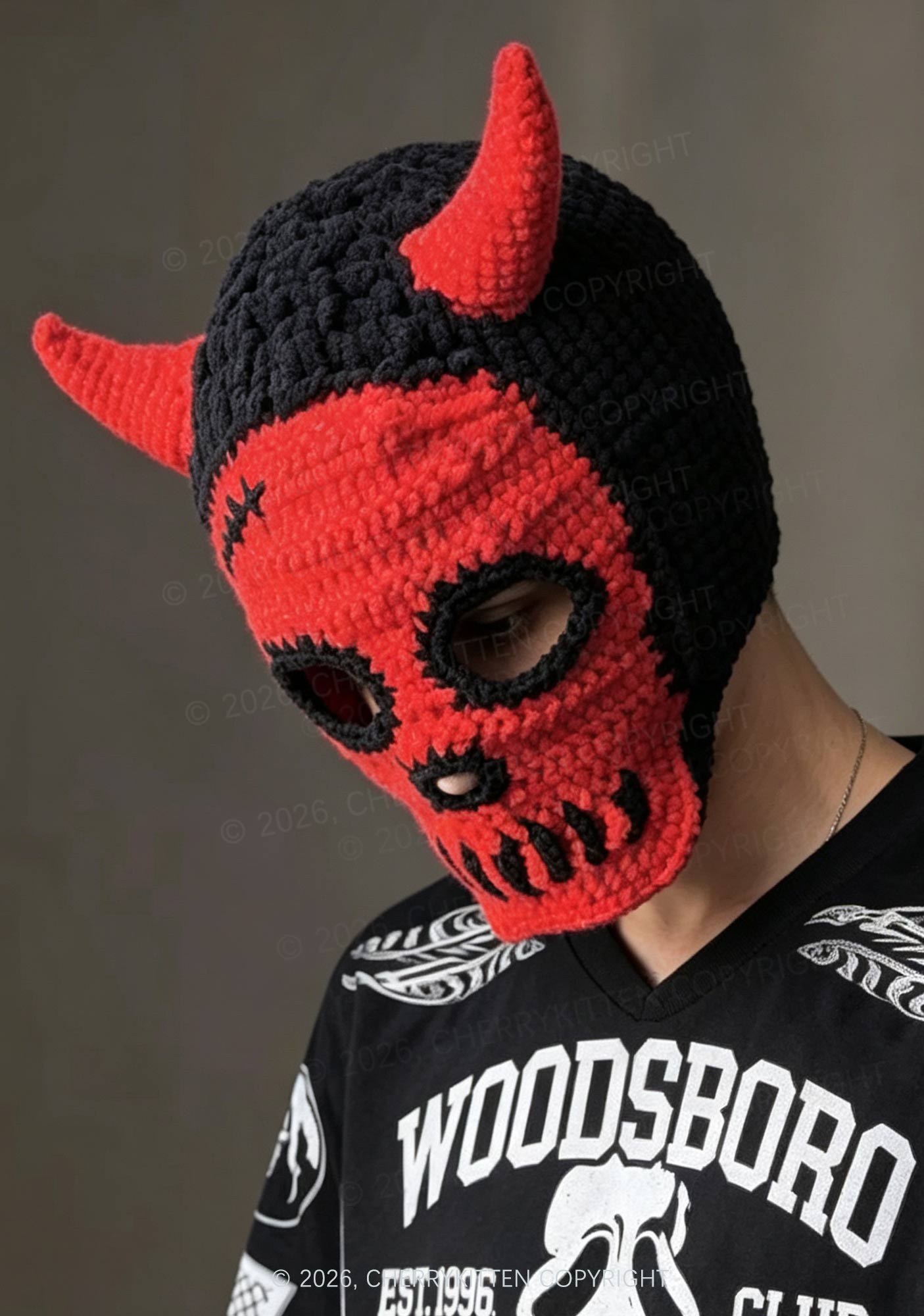 Halloween Red Skull Devil Horn Y2K Knitted Balaclava Cherrykitten