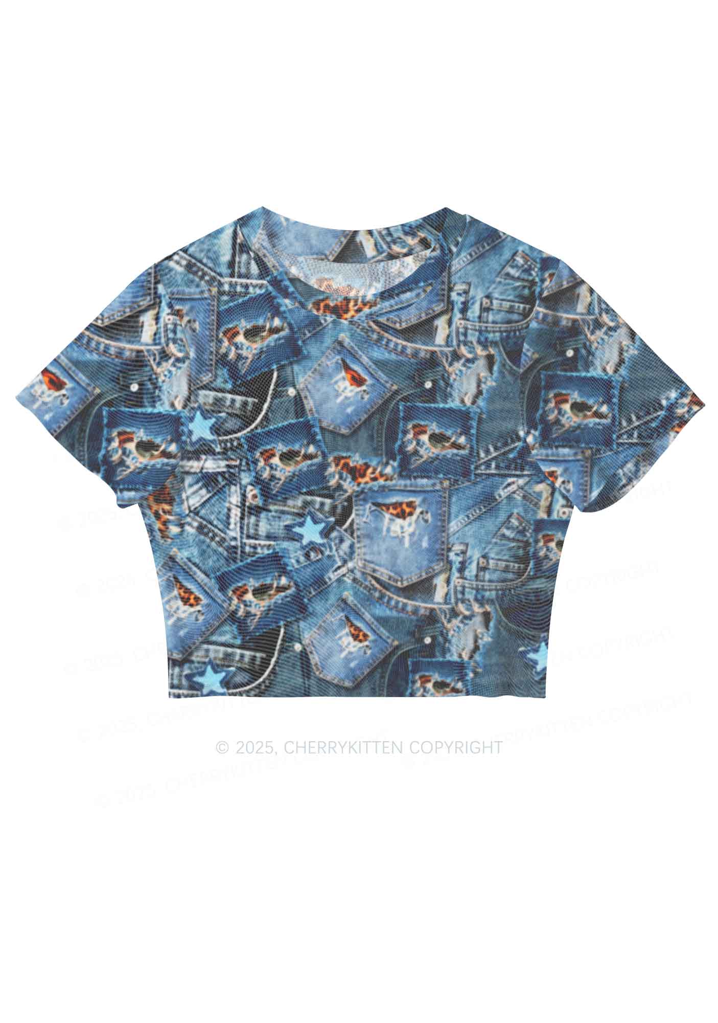 Denim Patchwork Y2K Mesh Crop Top Cherrykitten