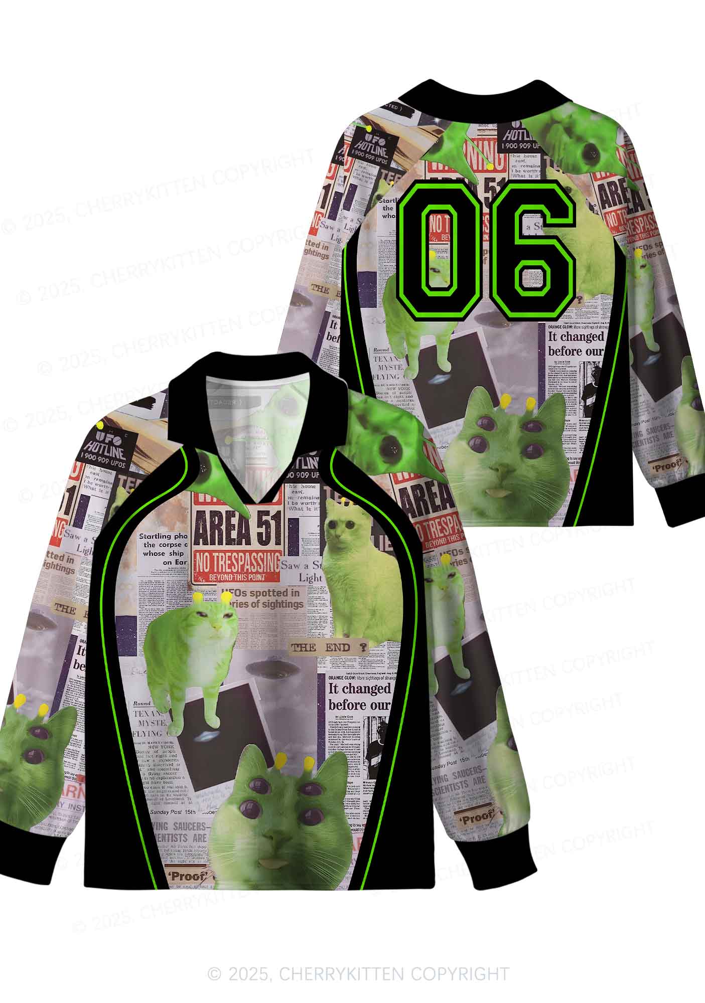 Custom Green Alien Kitten Y2K Sport Long Sleeve Jersey Shirts Cherrykitten