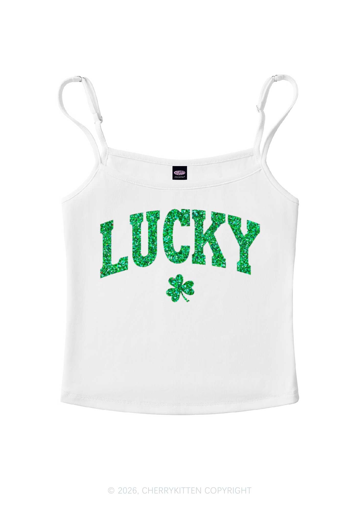 Glitter Lucky Shamrock St Patricks Y2K Spaghetti Strap Cami Cherrykitten