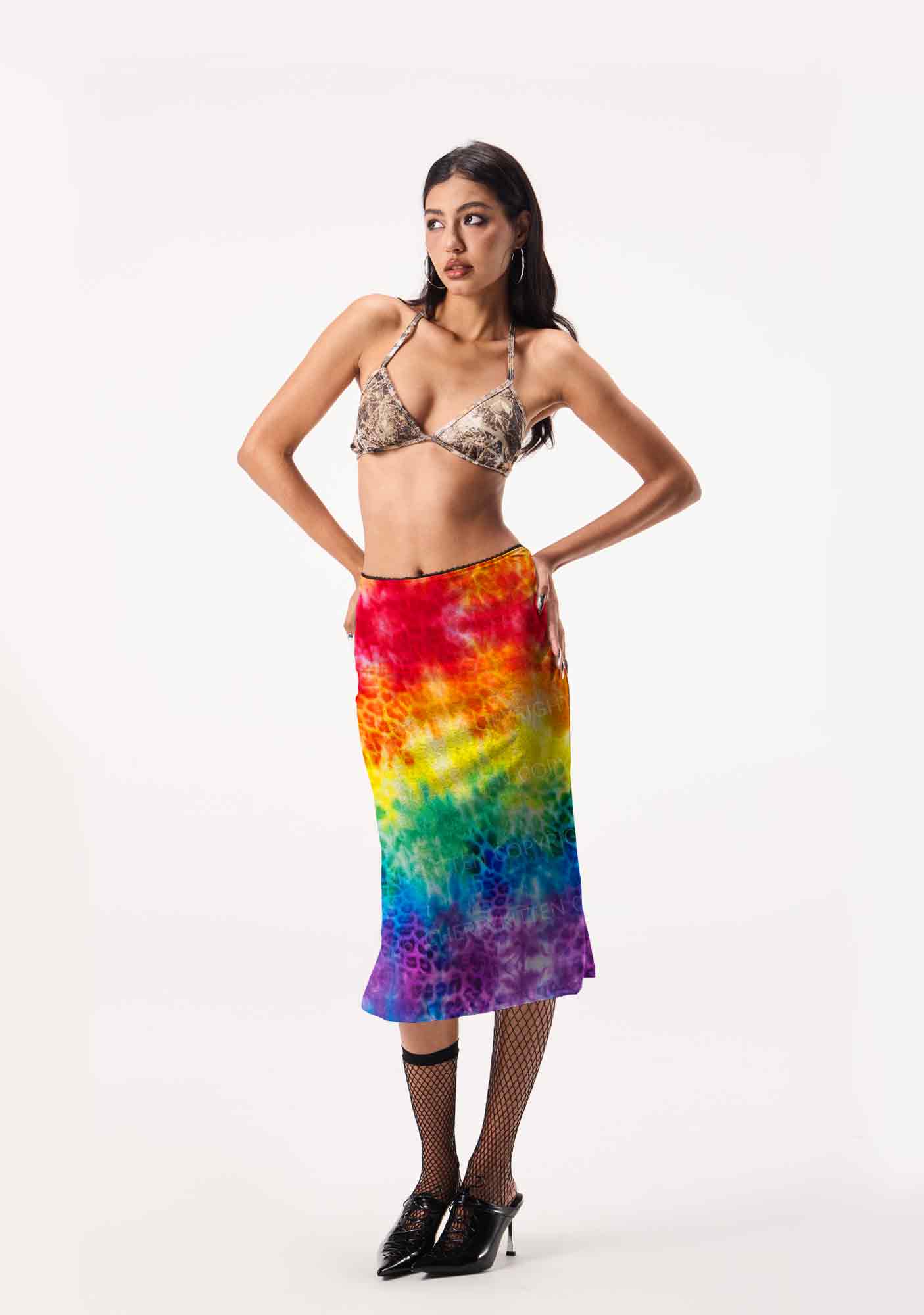Rainbow Leopard Tie Dye Pride Y2K Print Midi Skirt Cherrykitten