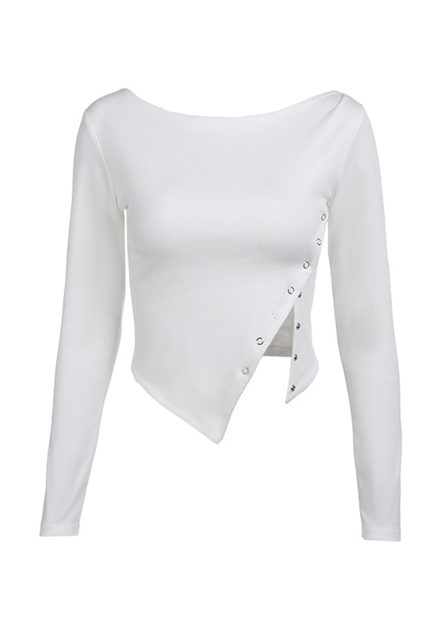 Slanted Shoulder Slit Long Sleeve Solid Color Top Cherrykitten