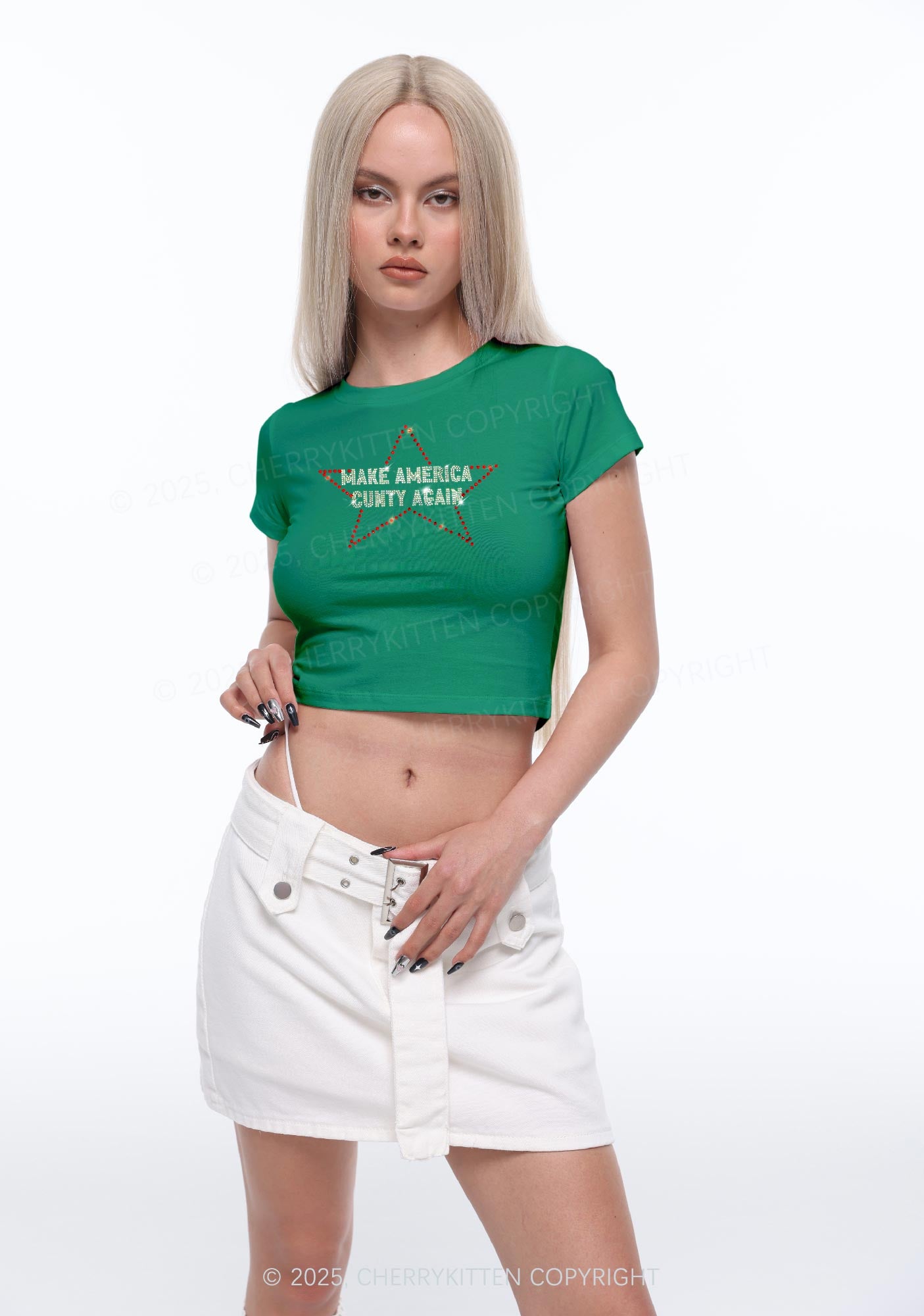 Rhinestone Make America Cxxty Again Y2K Baby Tee Cherrykitten