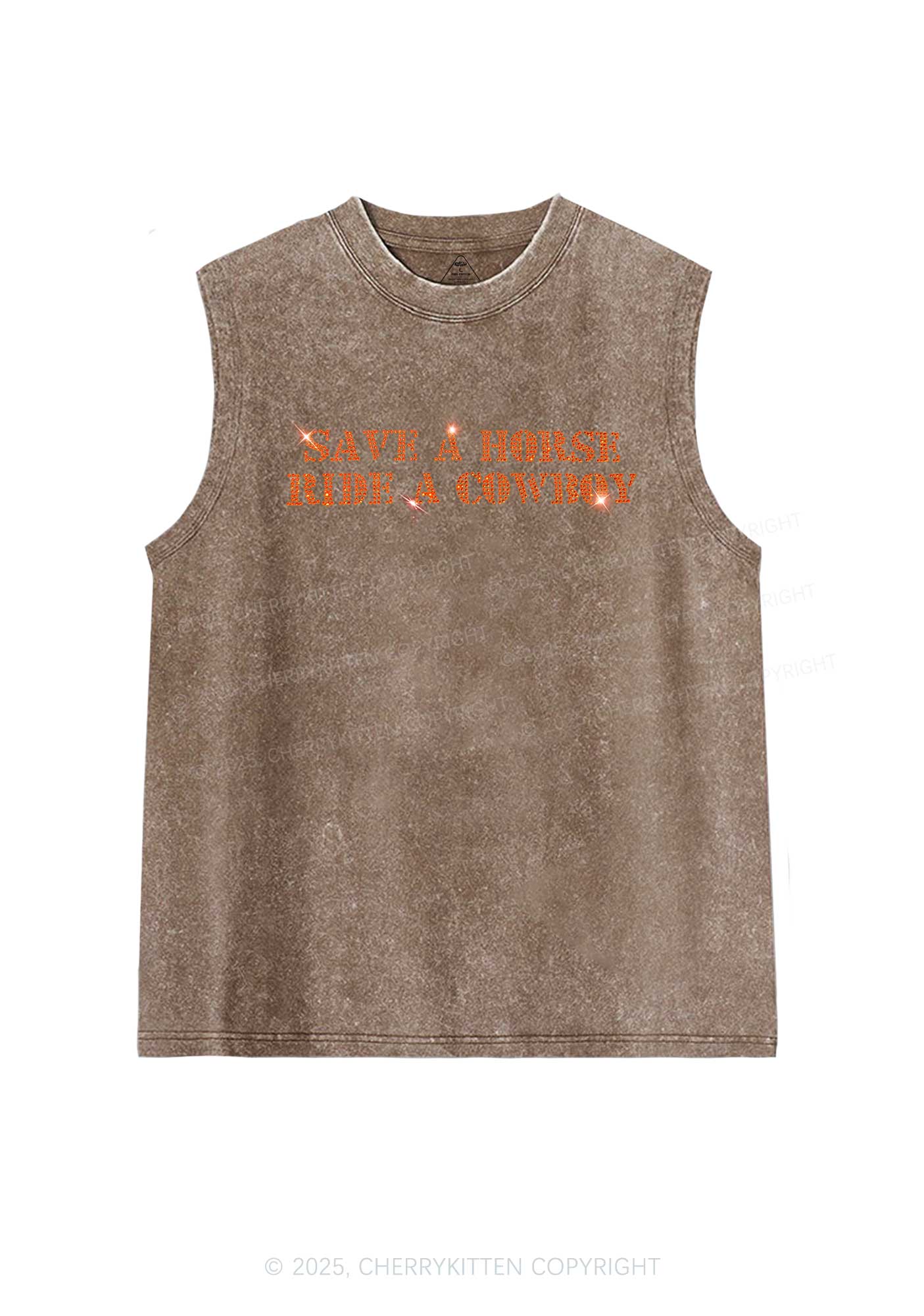 Rhinestone Save A Horse Ride A Cowboy Y2K Washed Muscle Tank Cherrykitten