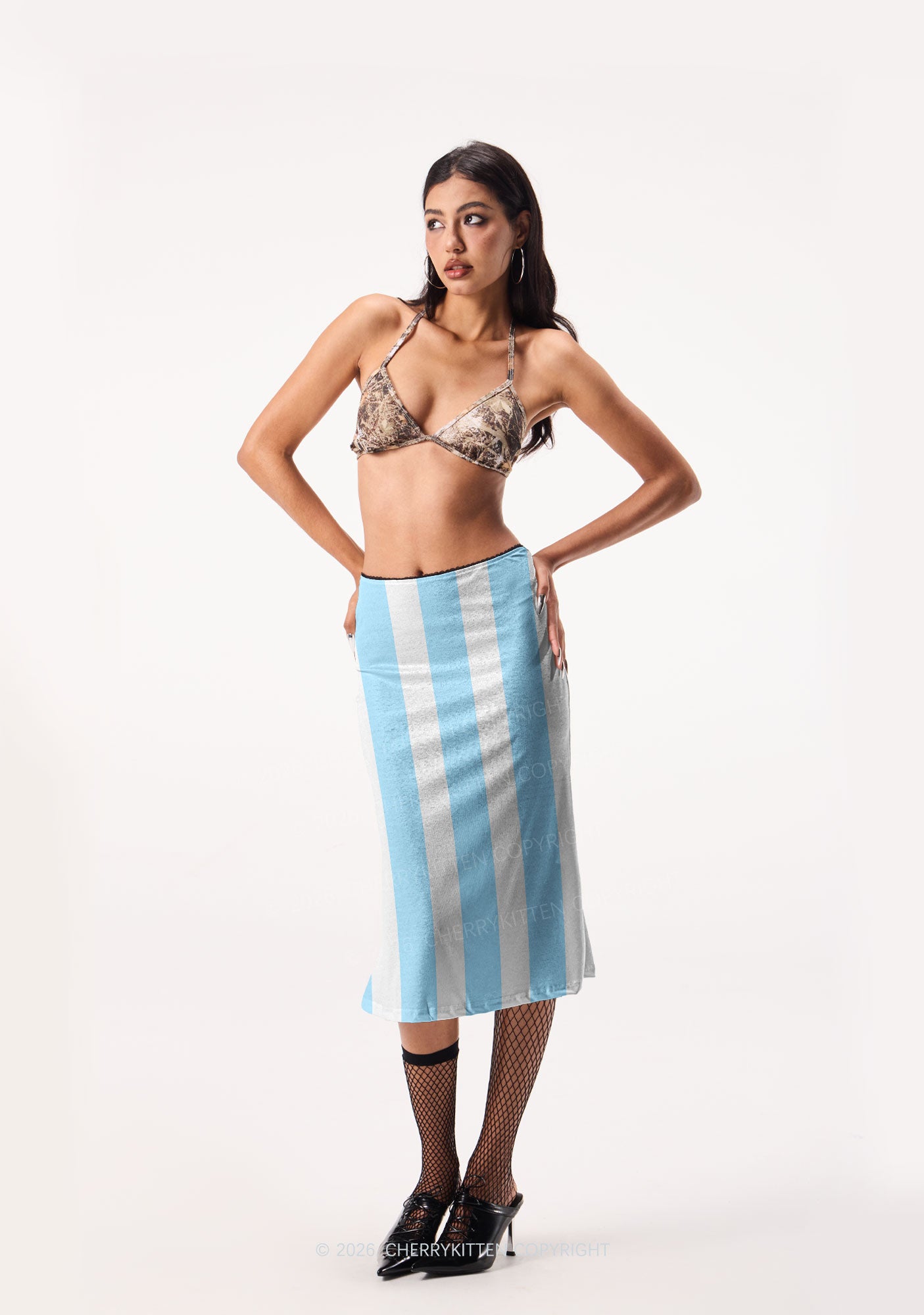 Blue White Stripes Y2K Print Midi Skirt Cherrykitten