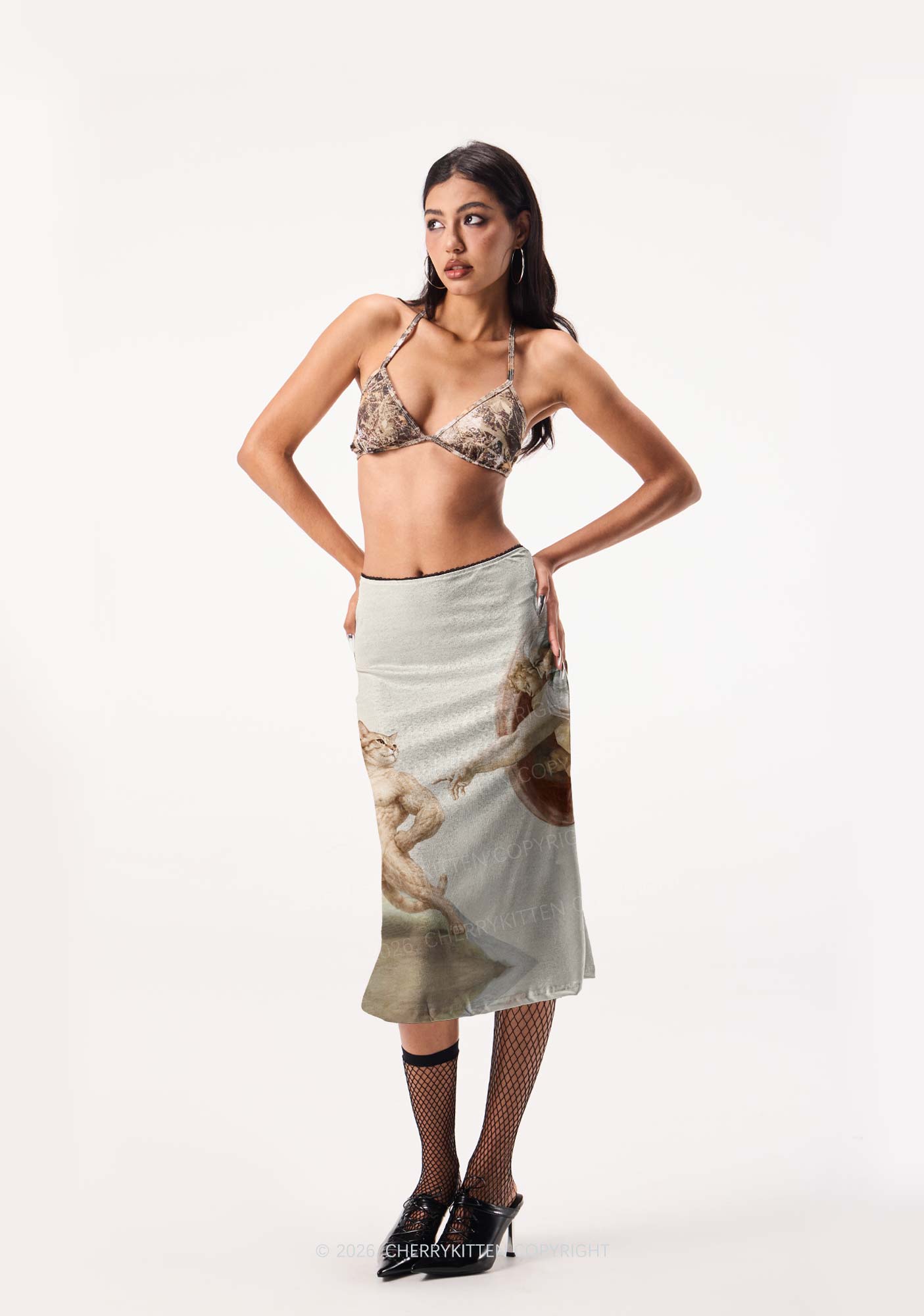 Gym Cat God Touch Y2K Print Midi Skirt Cherrykitten