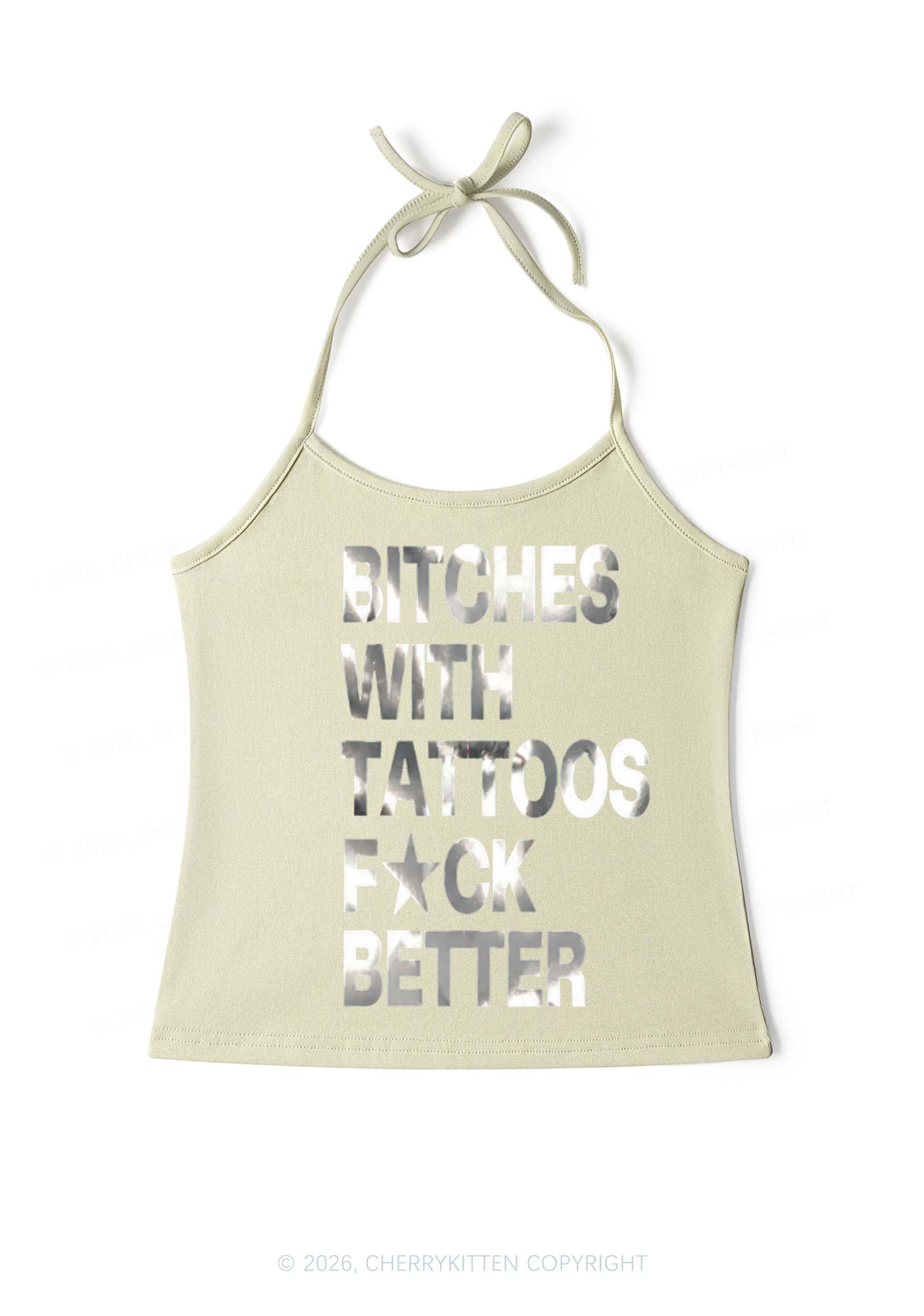 Bxxches With Tattoos Fxxk Better Silver Foil Printed Y2K Halter Neck Cami Cherrykitten