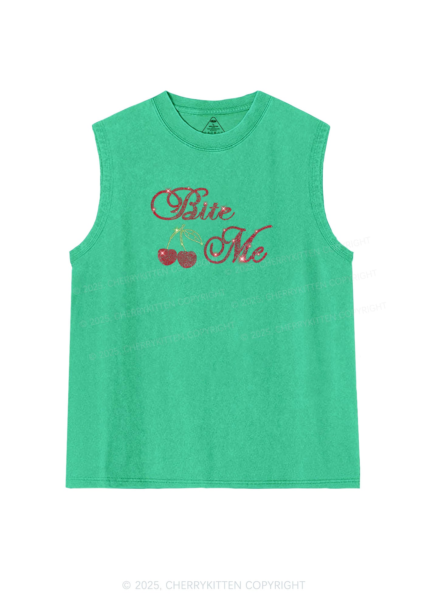 Rhinestone Red Cherry Bite Me Y2K Washed Muscle Tank Cherrykitten