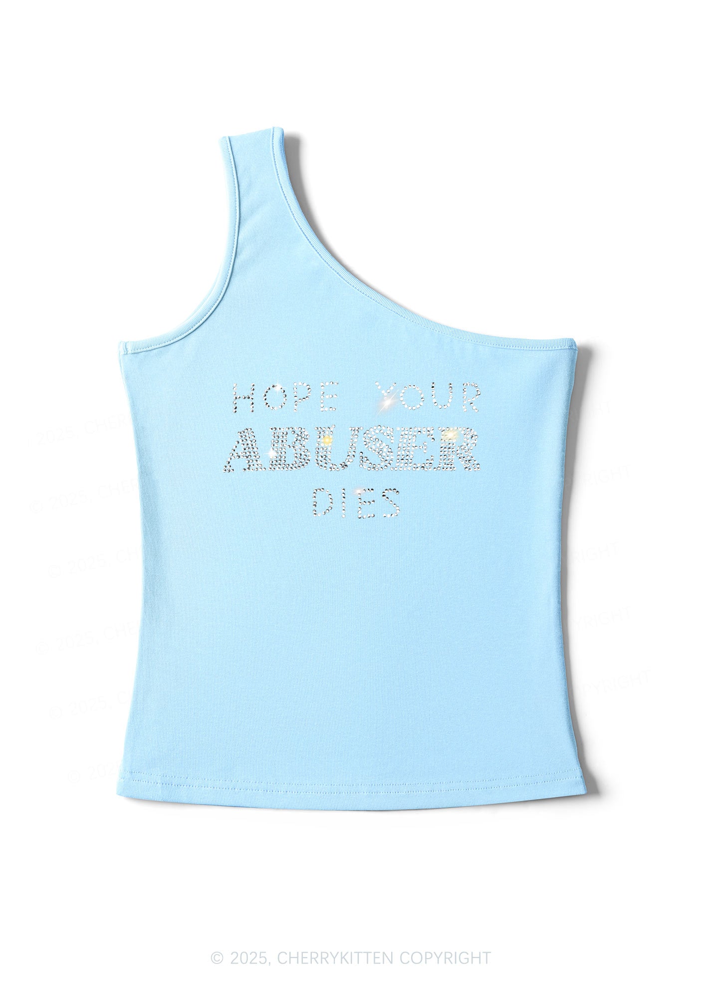 Rhinestone Abuser Dies Y2K One Shoulder Tank Top Cherrykitten