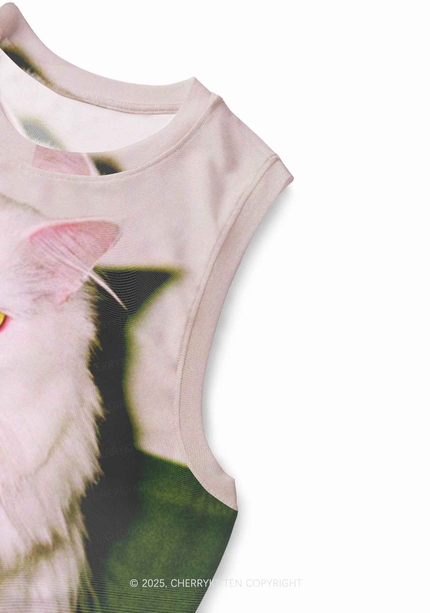 Pink Bow Cat Y2K Mesh Muscle Tank Cherrykitten