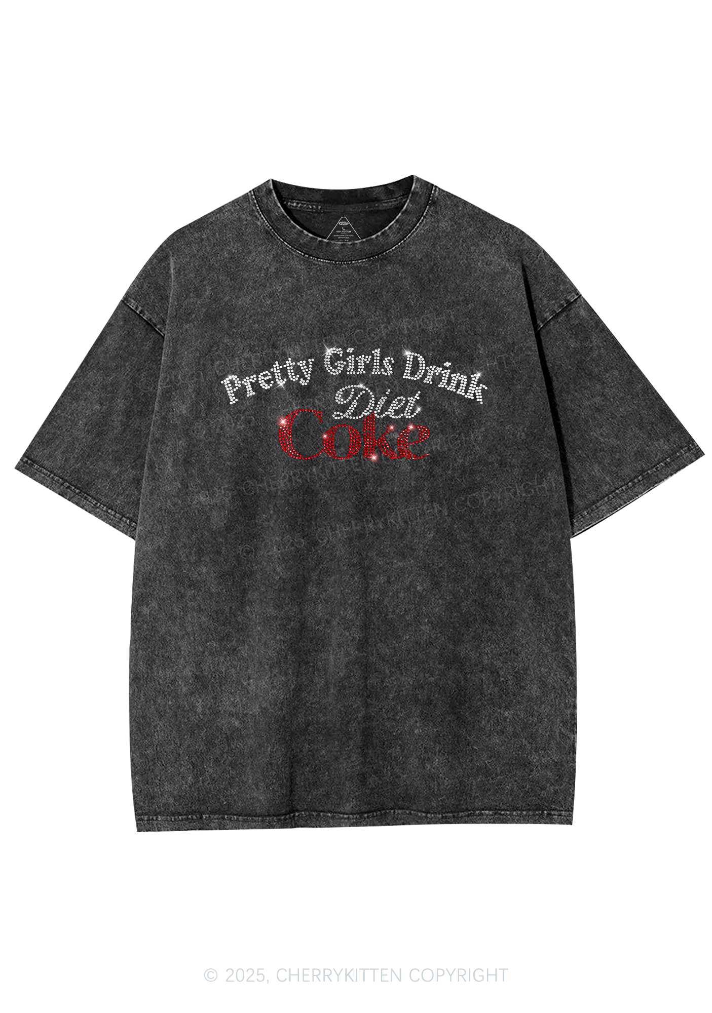 Rhinestone Pretty Girls Drink Diet Coke Y2K Shirts Washed Tee Cherrykitten
